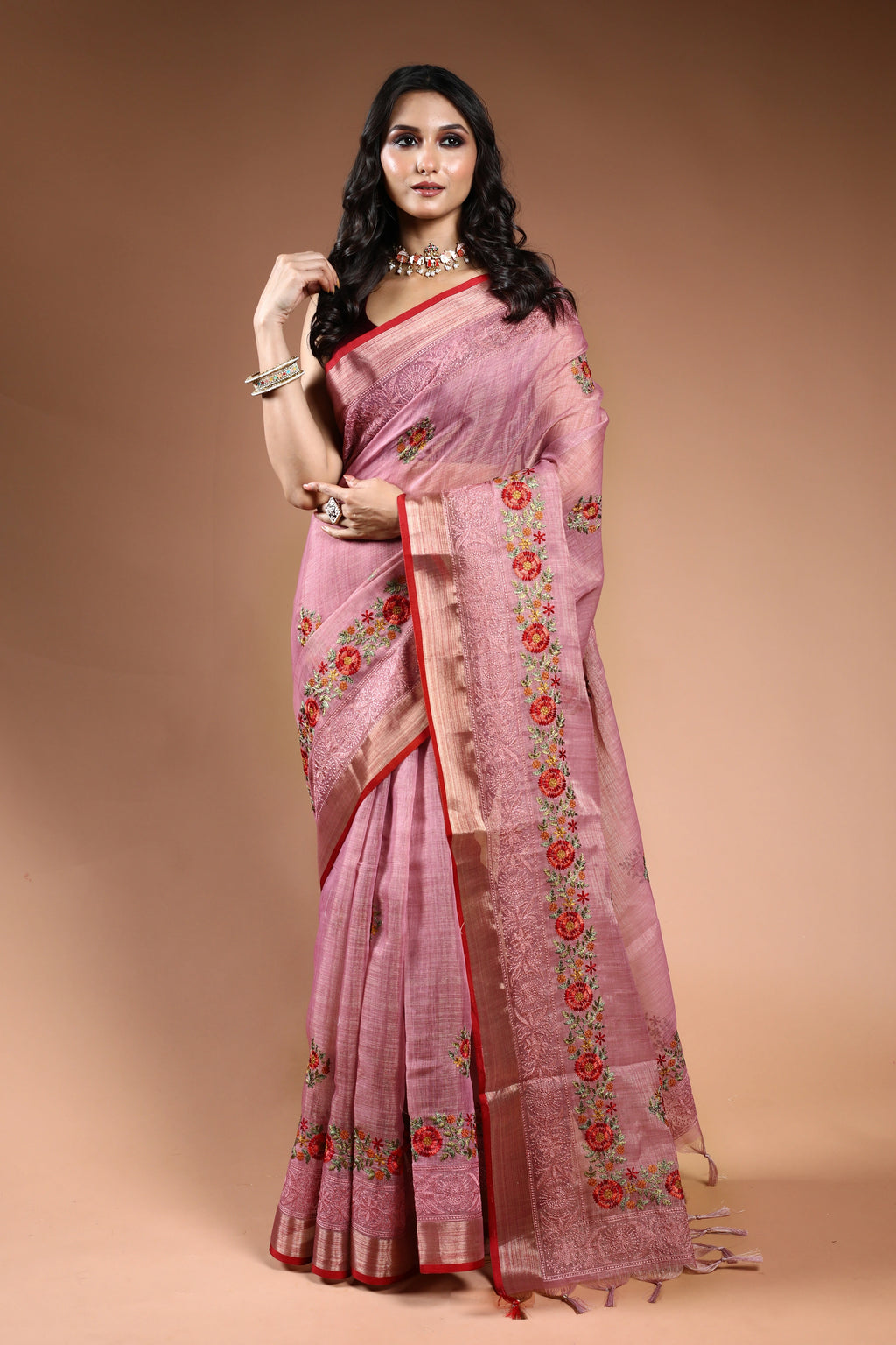 Mauve Tissue Linen Saree with Blouse Piece