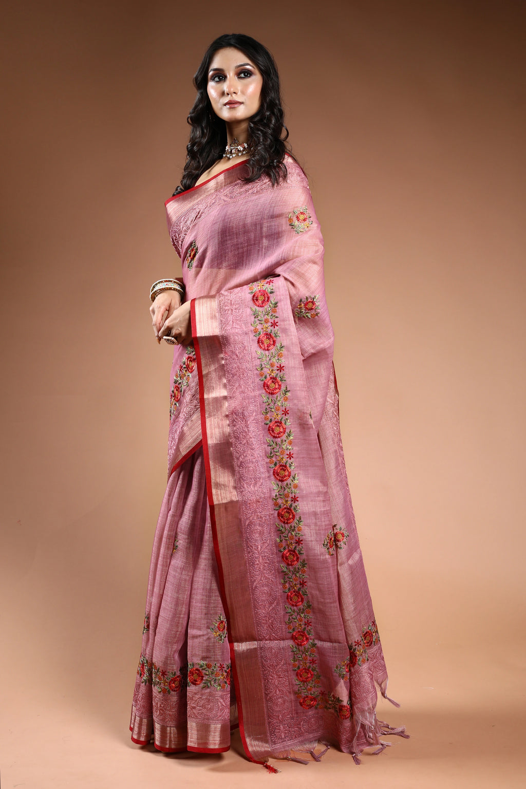 Mauve Tissue Linen Saree with Blouse Piece