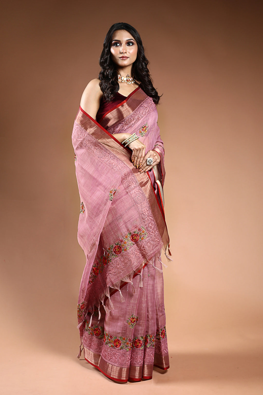 Mauve Tissue Linen Saree with Blouse Piece