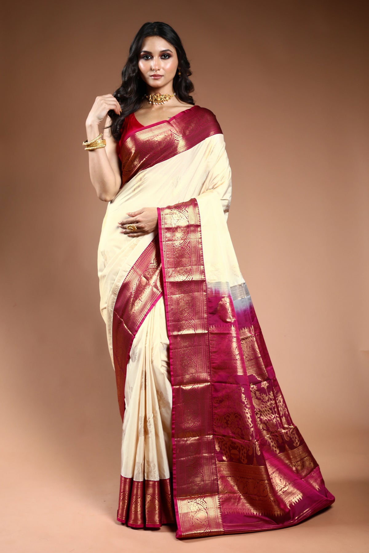 Kanjivaram Semi Saree - Offwhite with Buta Zari Work