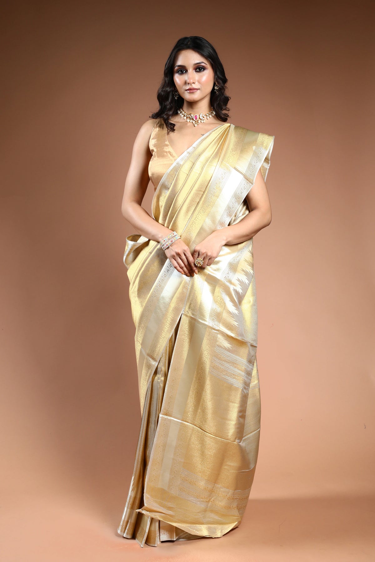 Gold & Offwhite Semi Mashru Saree with Blouse Piece