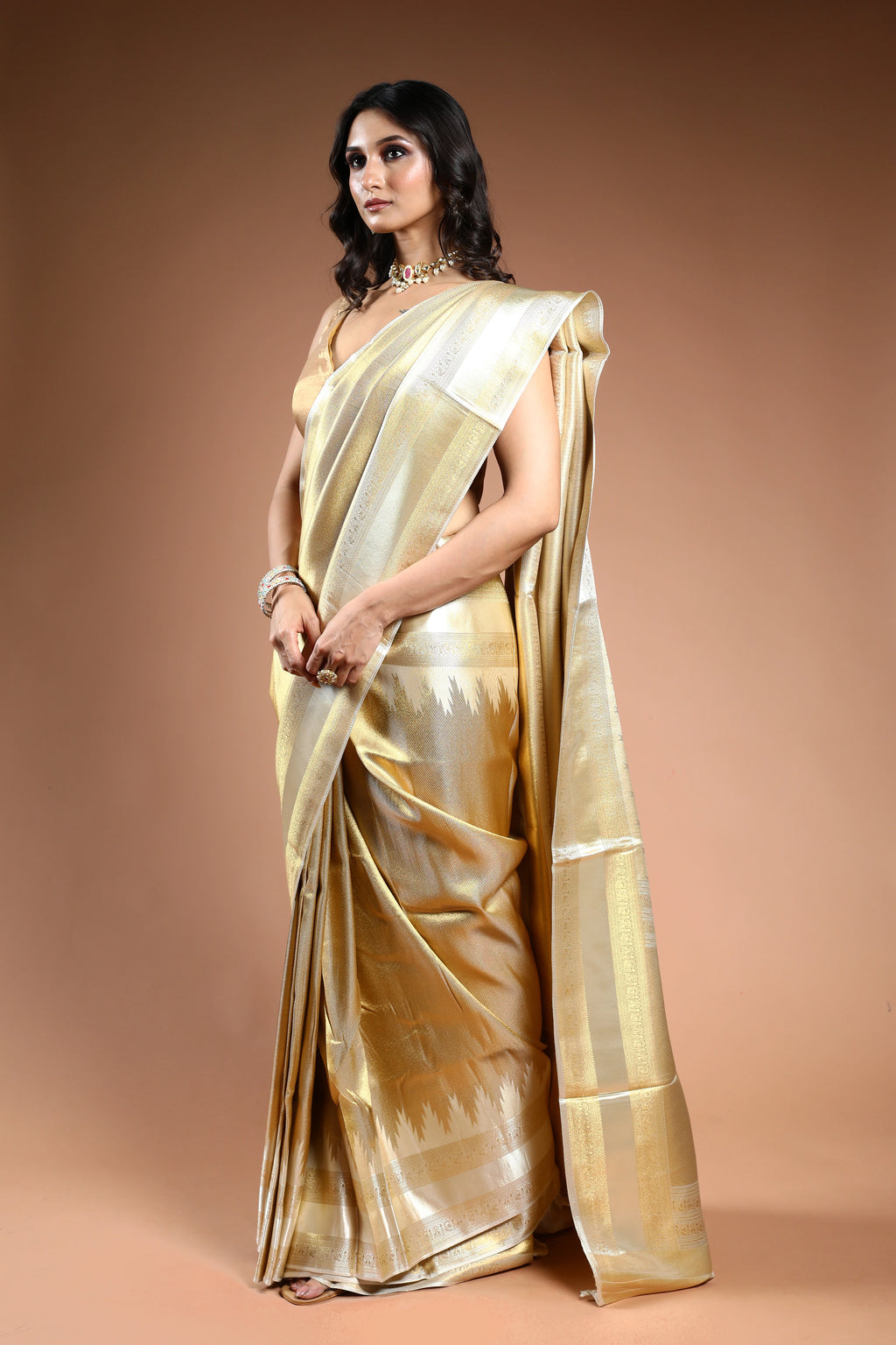 Gold & Offwhite Semi Mashru Saree with Blouse Piece