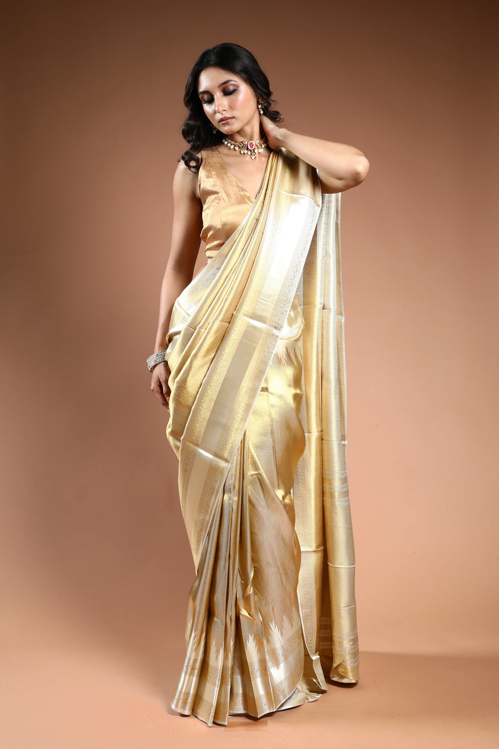 Gold & Offwhite Semi Mashru Saree with Blouse Piece