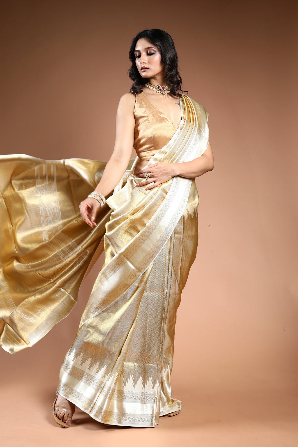Gold & Offwhite Semi Mashru Saree with Blouse Piece