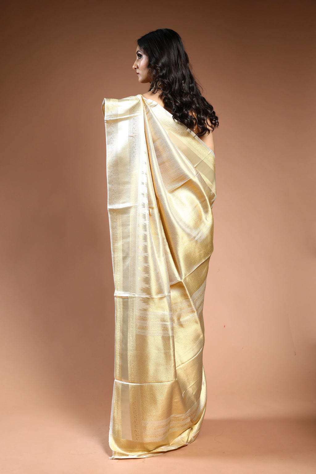 Gold & Offwhite Semi Mashru Saree with Blouse Piece