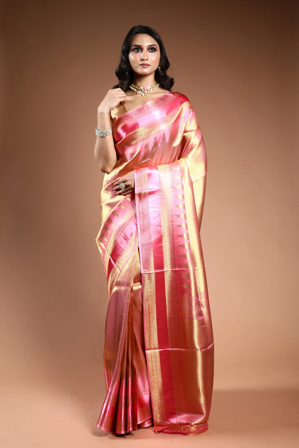 Rose Gold Semi Mashru Saree with Blouse Piece
