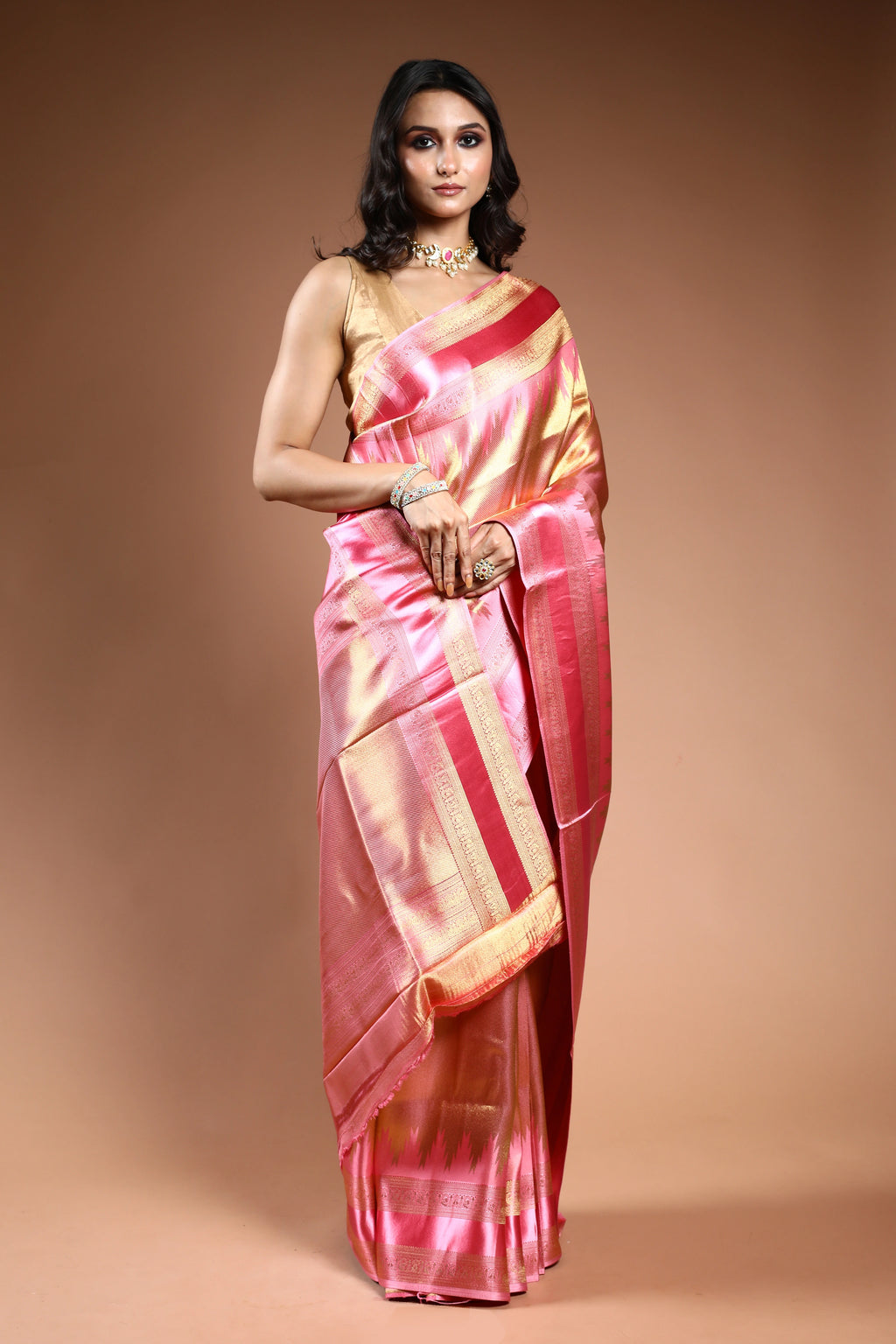 Rose Gold Semi Mashru Saree with Blouse Piece