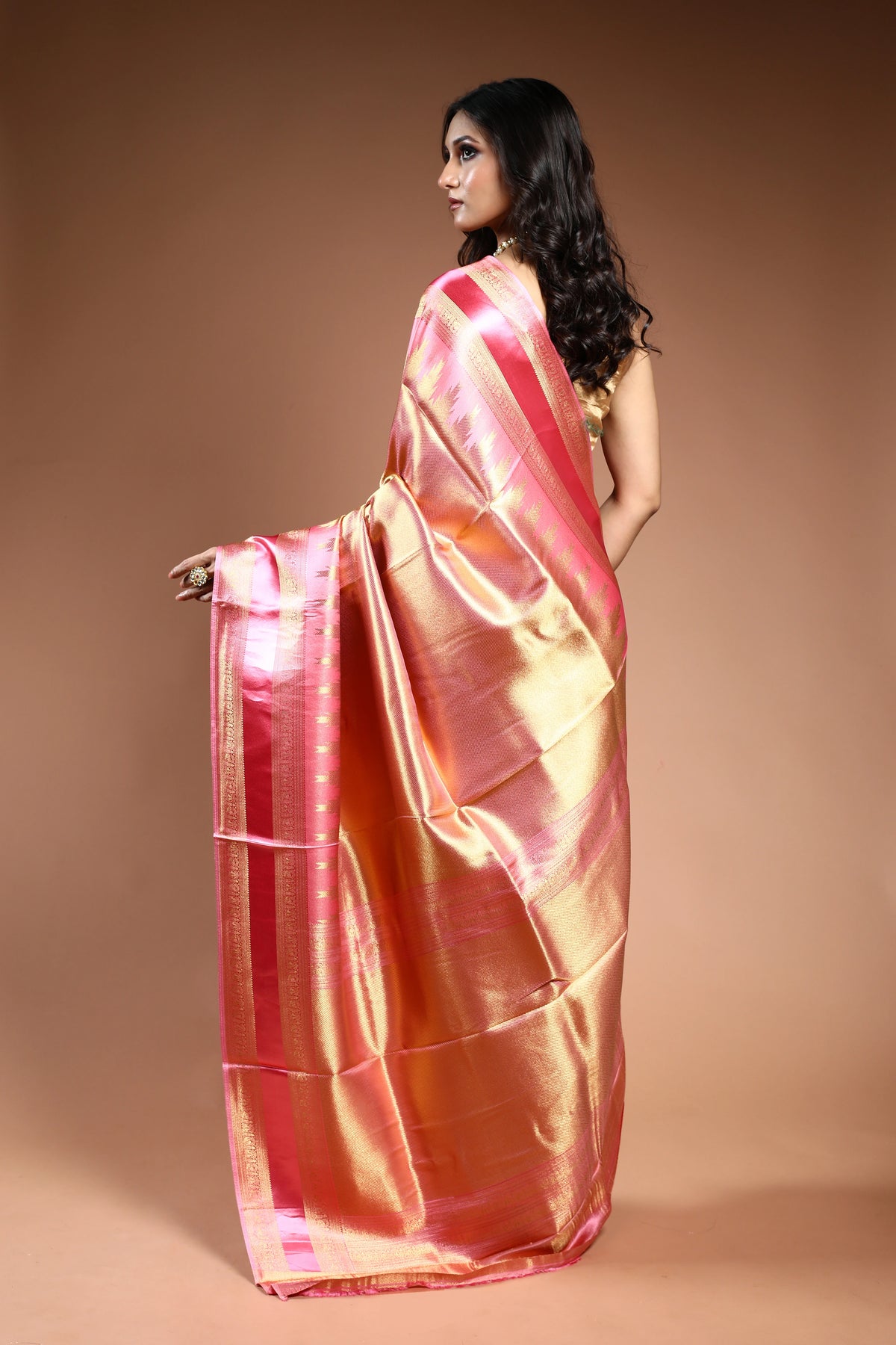 Rose Gold Semi Mashru Saree with Blouse Piece