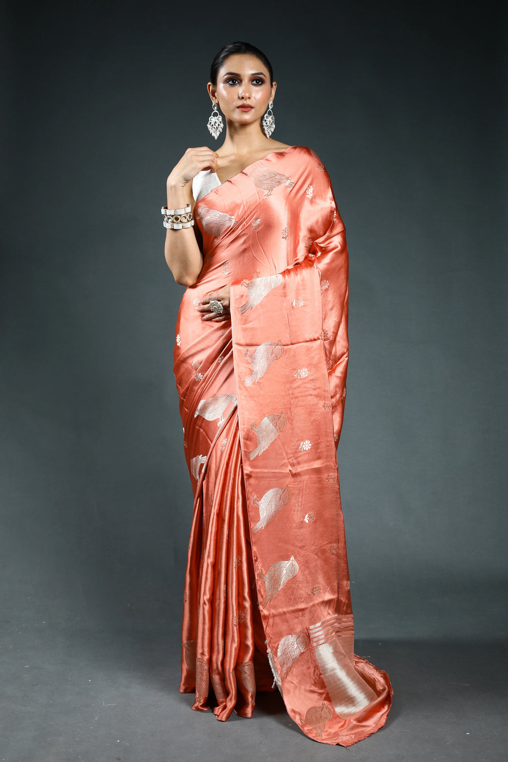Peach Pink Semi Mashru Saree with Blouse Piece