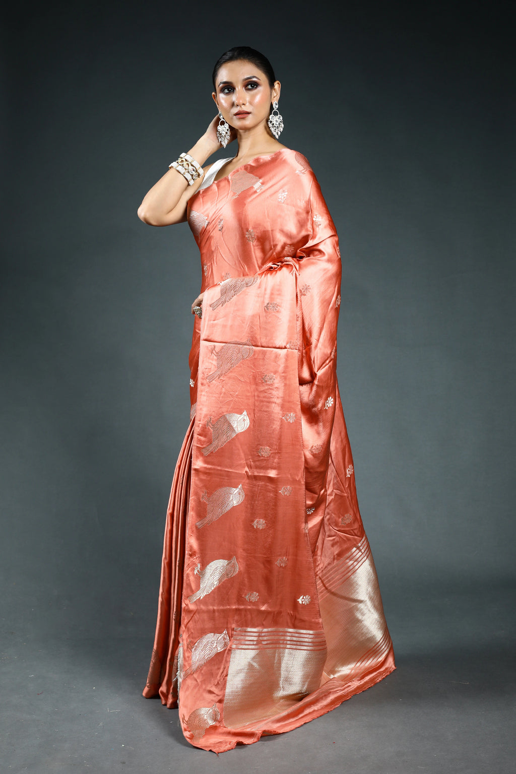 Peach Pink Semi Mashru Saree with Blouse Piece