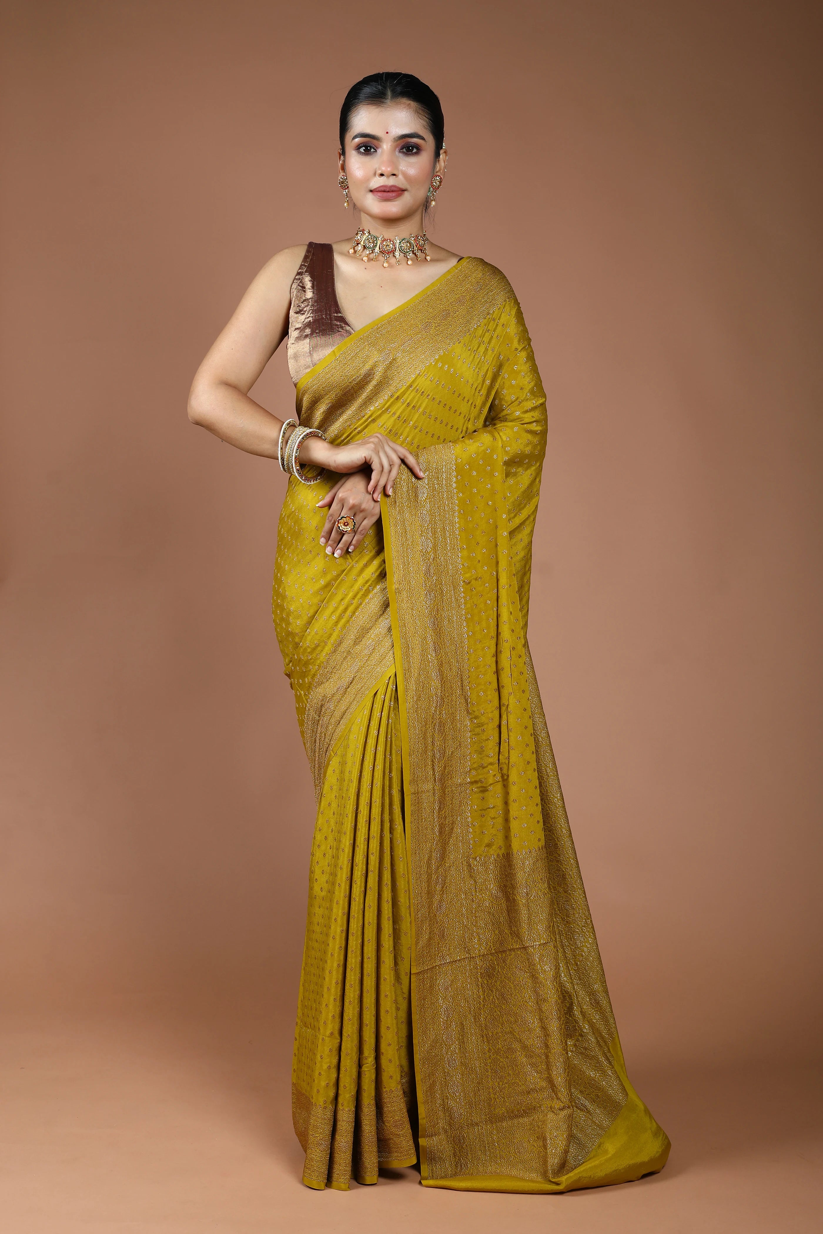 Lime Yellow Crepe Banarasi Saree With Blouse Piece