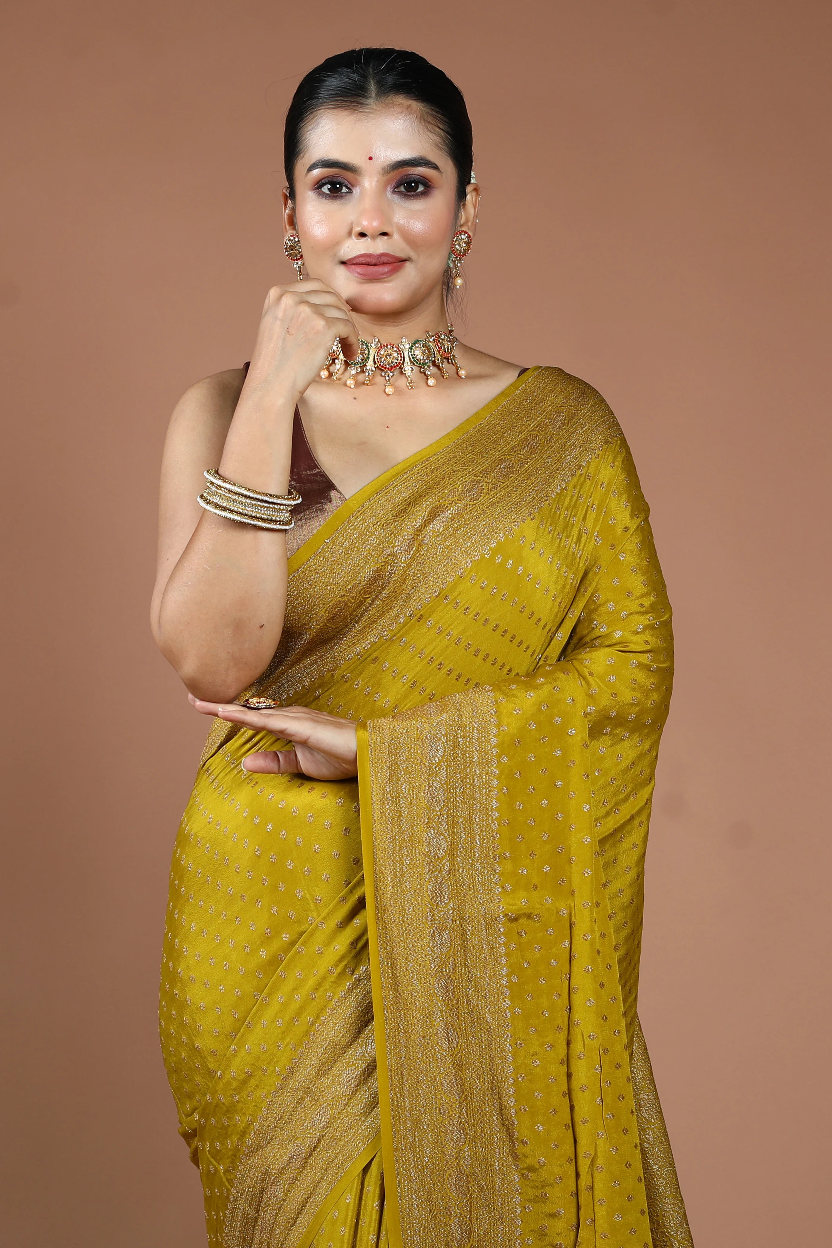 Lime Yellow Crepe Banarasi Saree With Blouse Piece