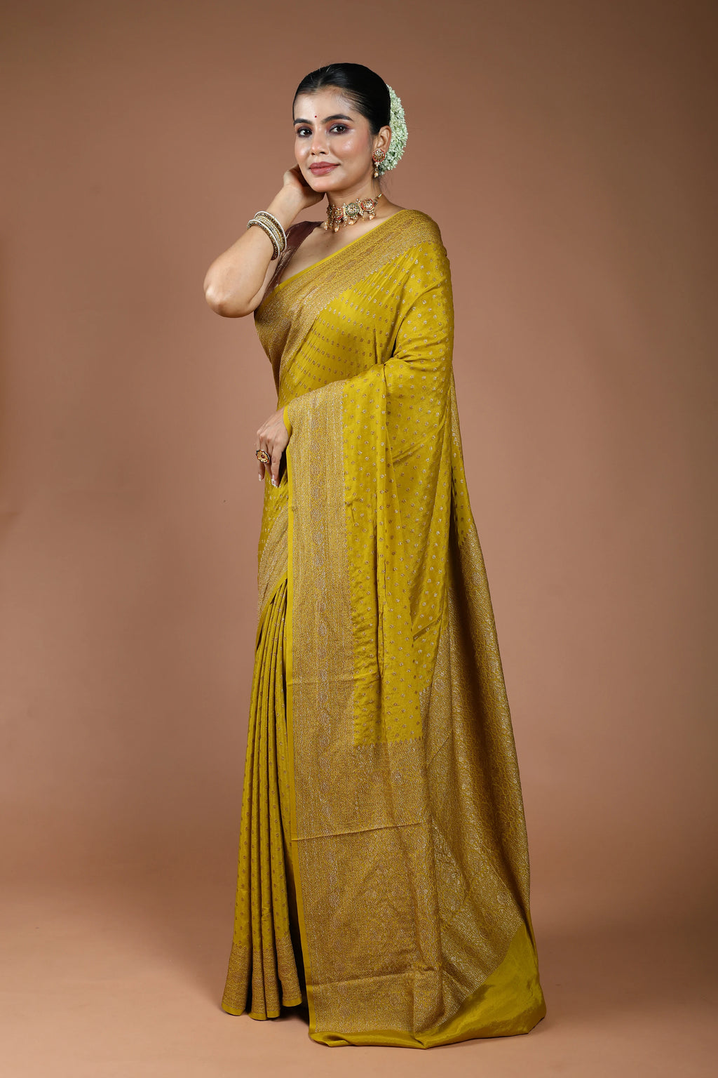 Lime Yellow Crepe Banarasi Saree With Blouse Piece