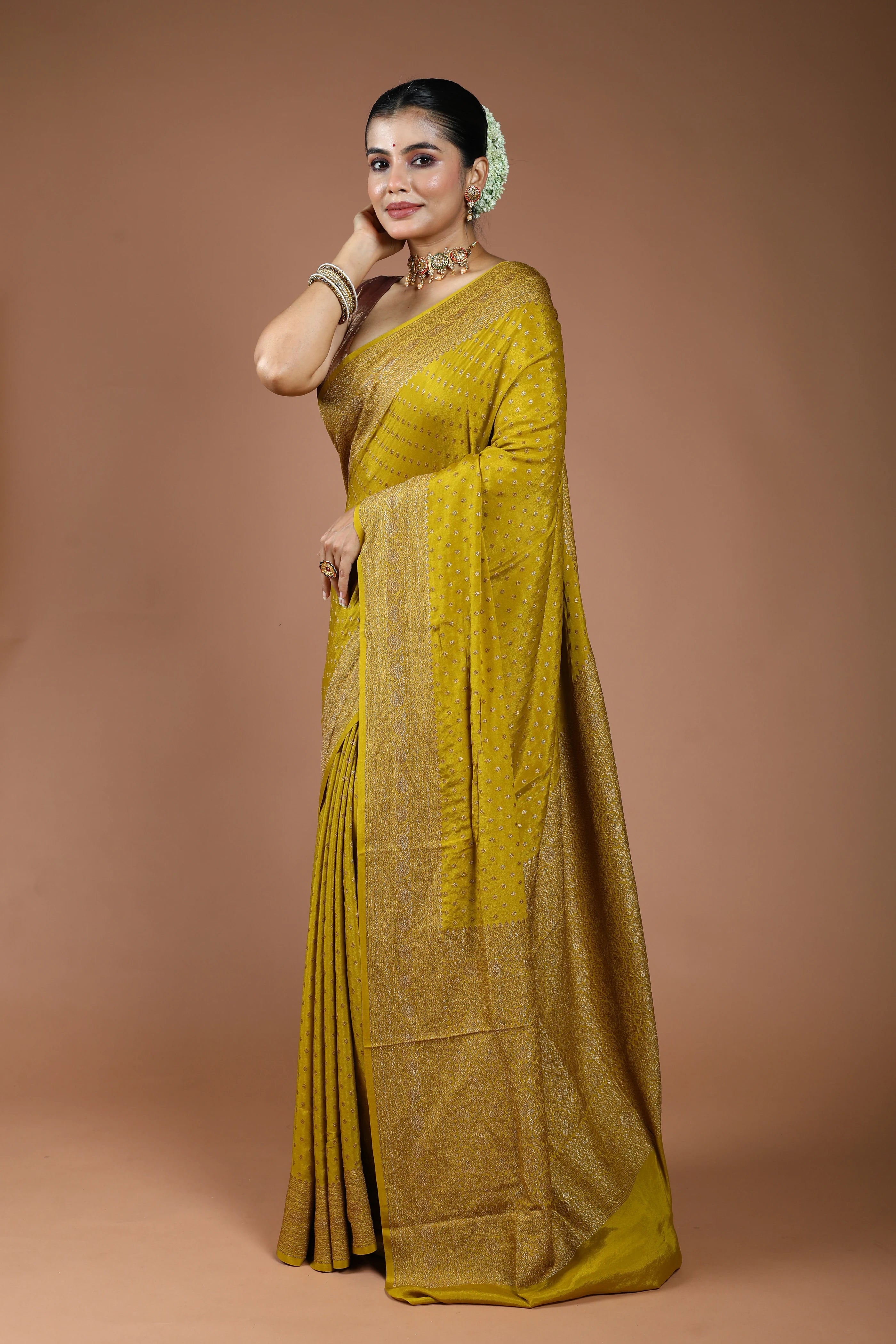 Lime Yellow Crepe Banarasi Saree With Blouse Piece