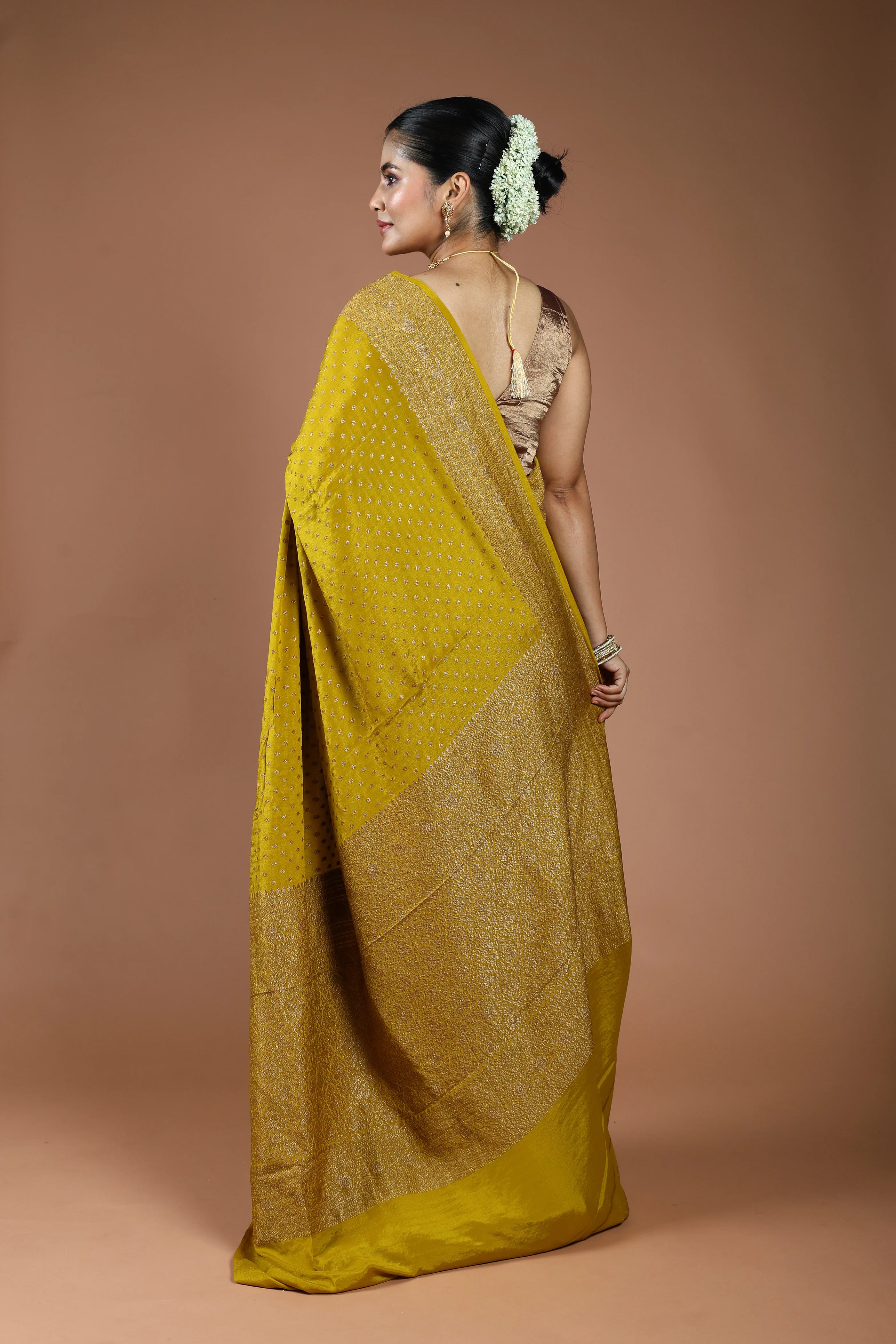 Lime Yellow Crepe Banarasi Saree With Blouse Piece