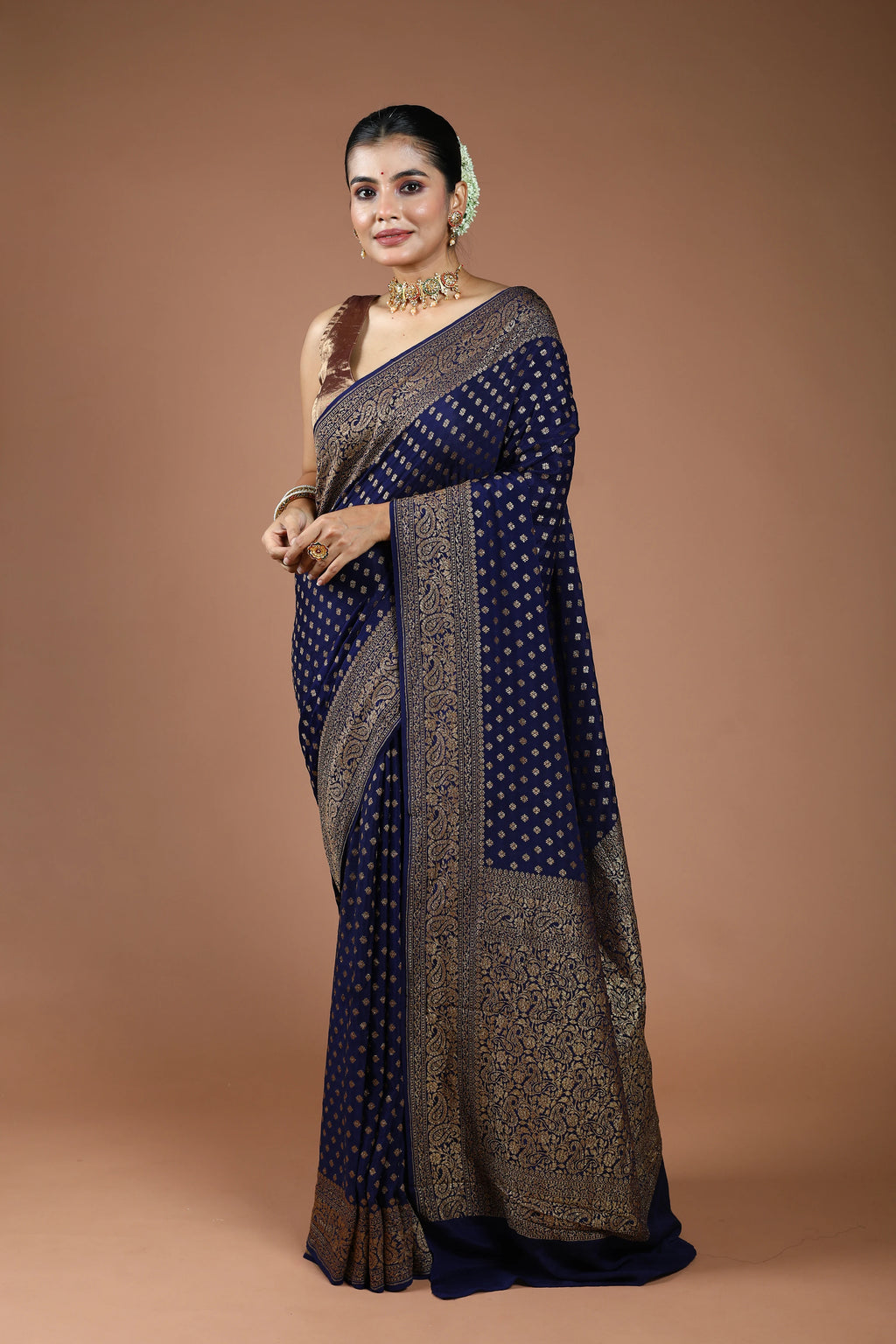 Navy Blue Crepe Banarasi Saree With Blouse Piece