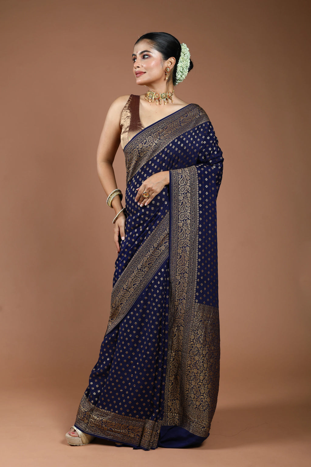 Navy Blue Crepe Banarasi Saree With Blouse Piece
