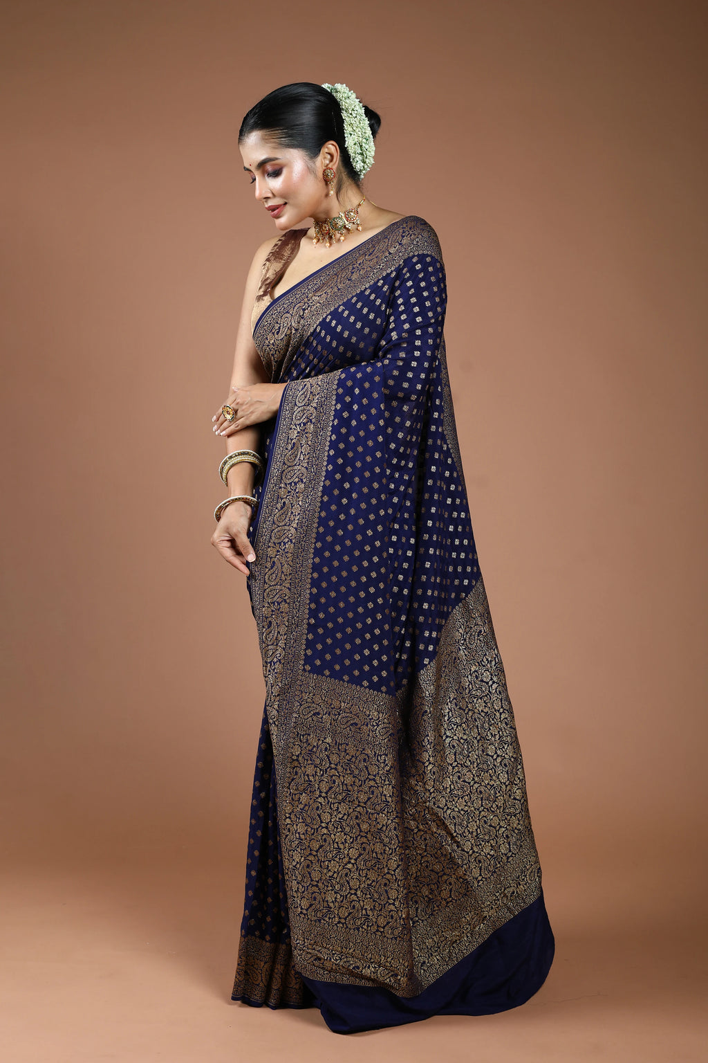 Navy Blue Crepe Banarasi Saree With Blouse Piece
