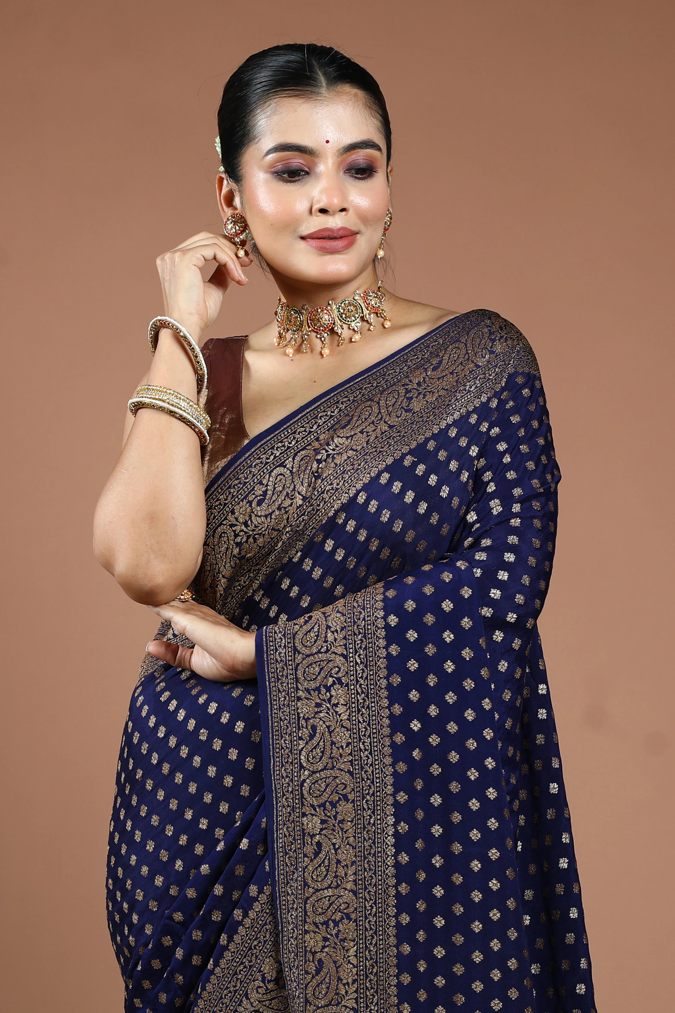 Navy Blue Crepe Banarasi Saree With Blouse Piece