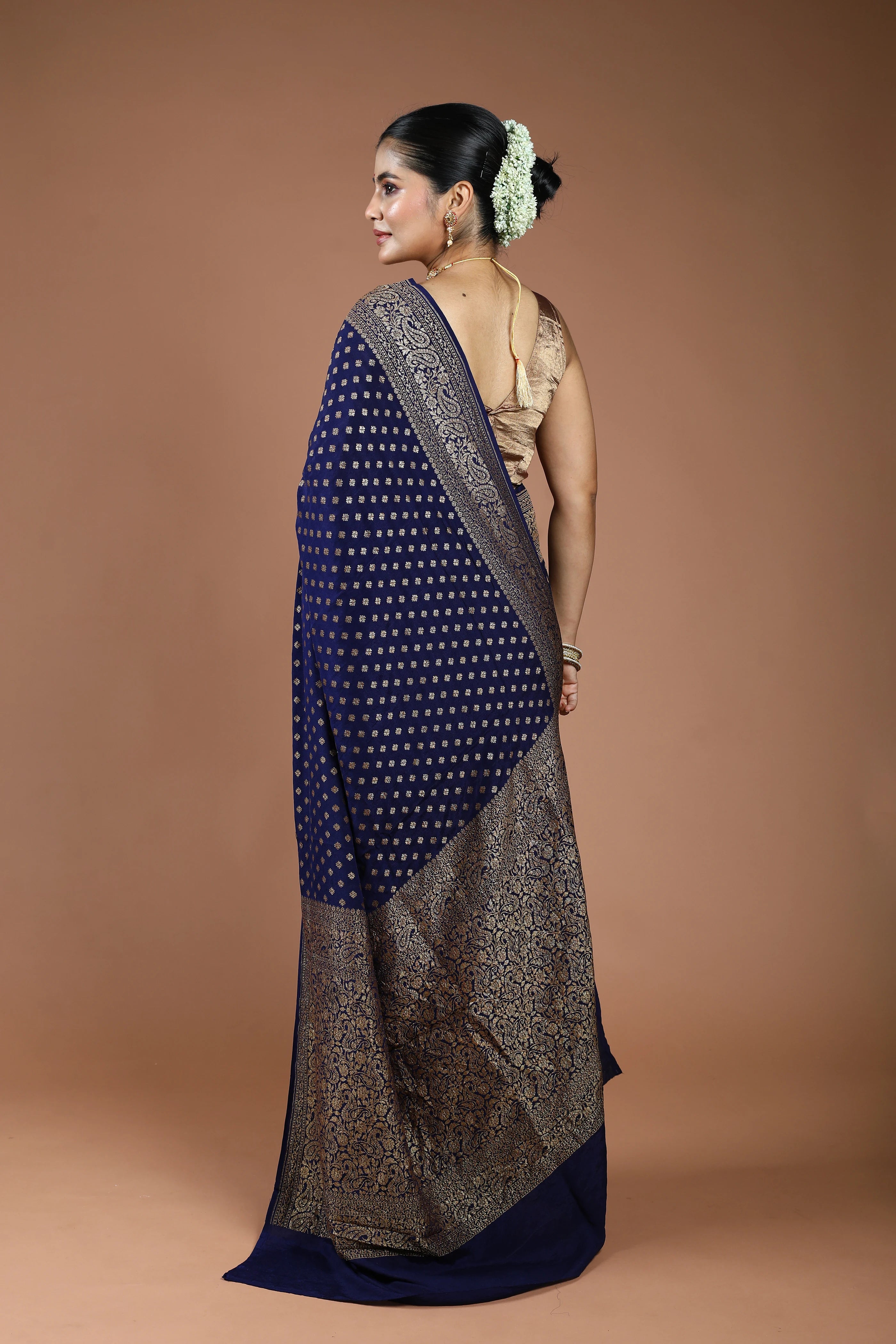 Navy Blue Crepe Banarasi Saree With Blouse Piece