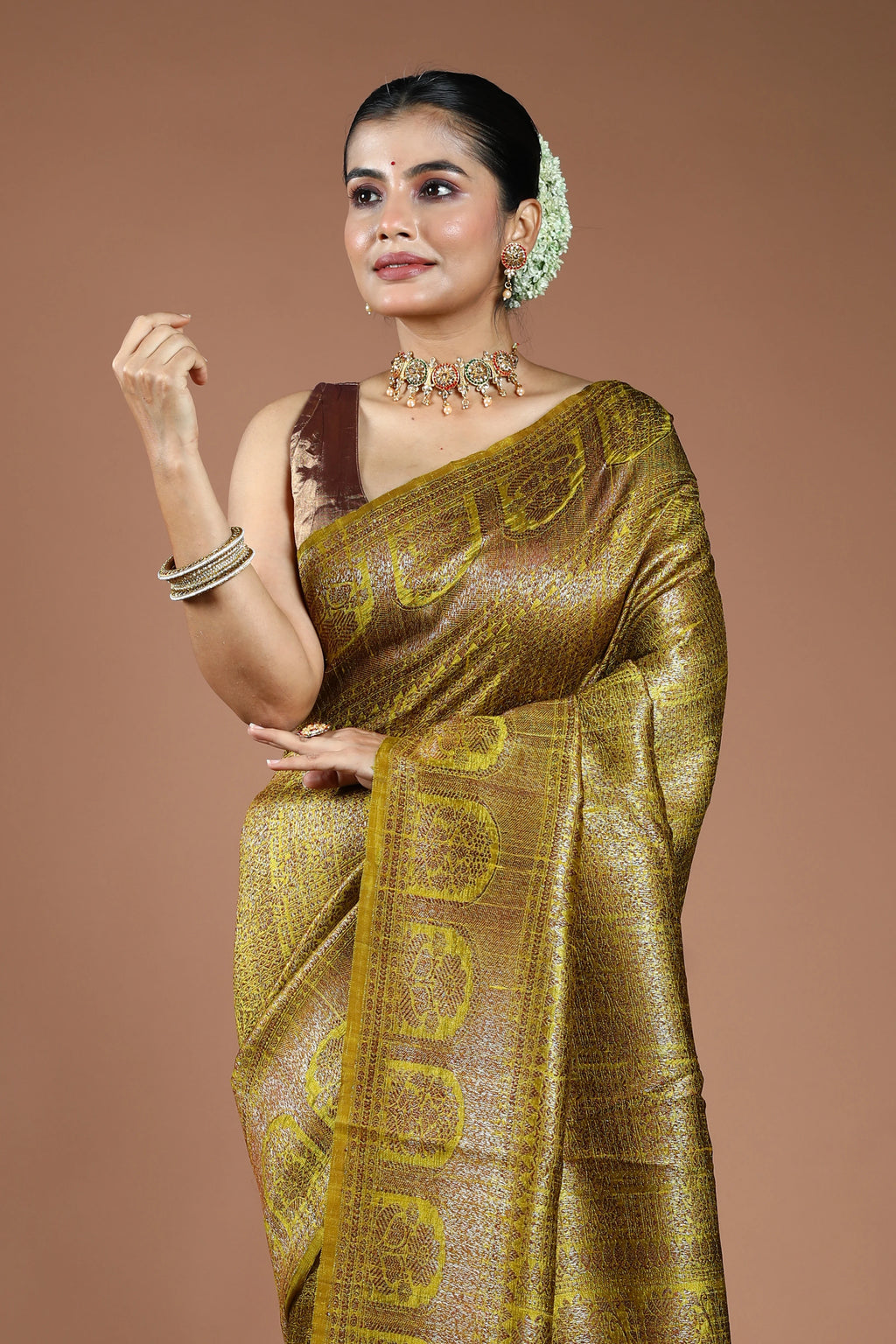 Lime Yellow Raw Silk Banarasi Saree With Blouse Piece