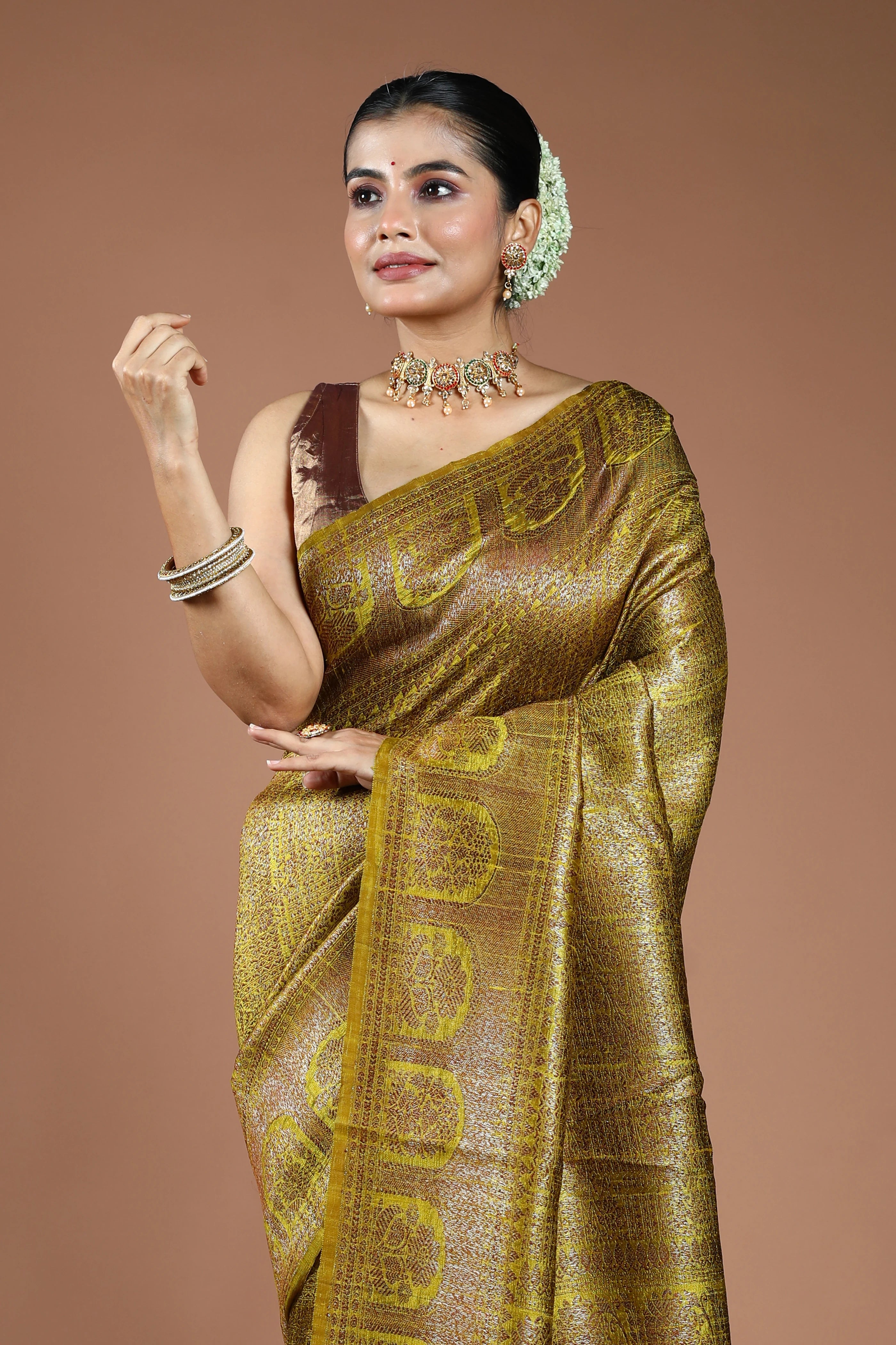 Lime Yellow Raw Silk Banarasi Saree With Blouse Piece