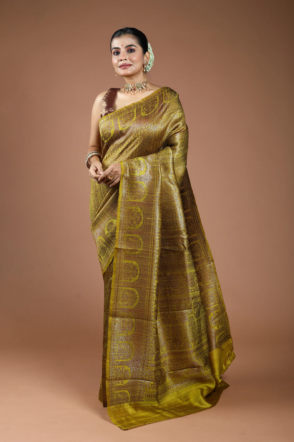Lime Yellow Raw Silk Banarasi Saree With Blouse Piece