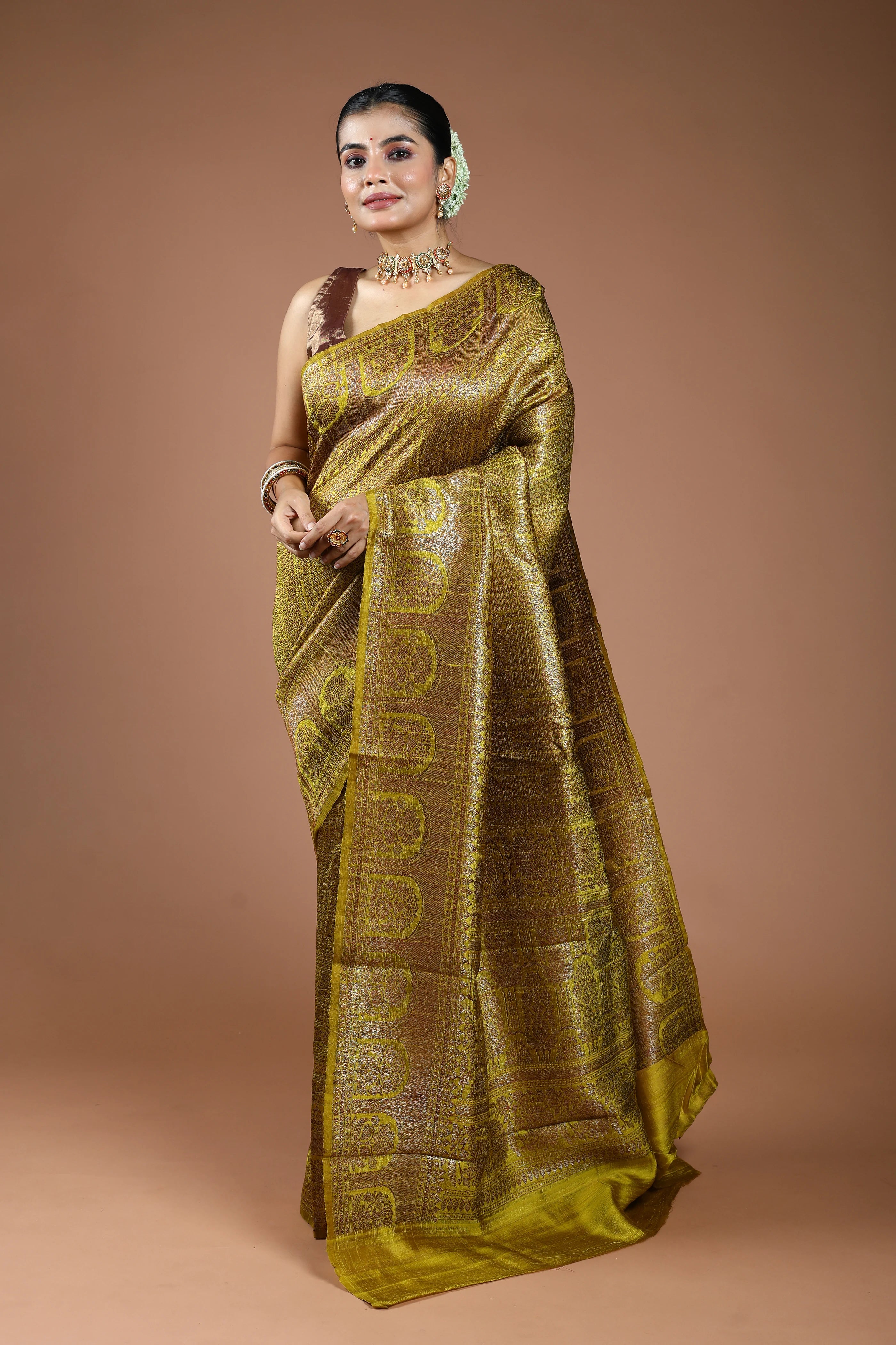 Lime Yellow Raw Silk Banarasi Saree With Blouse Piece
