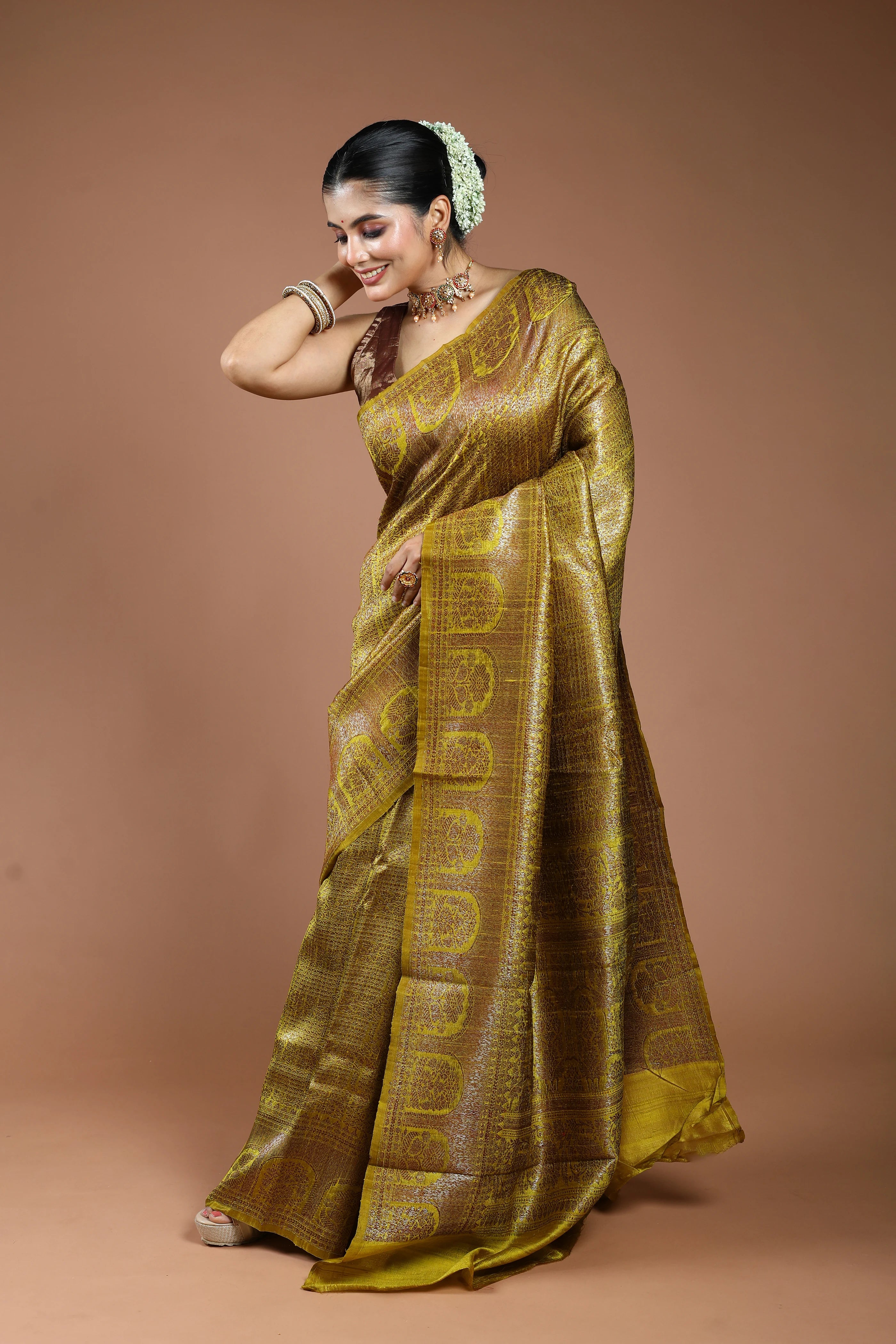 Lime Yellow Raw Silk Banarasi Saree With Blouse Piece