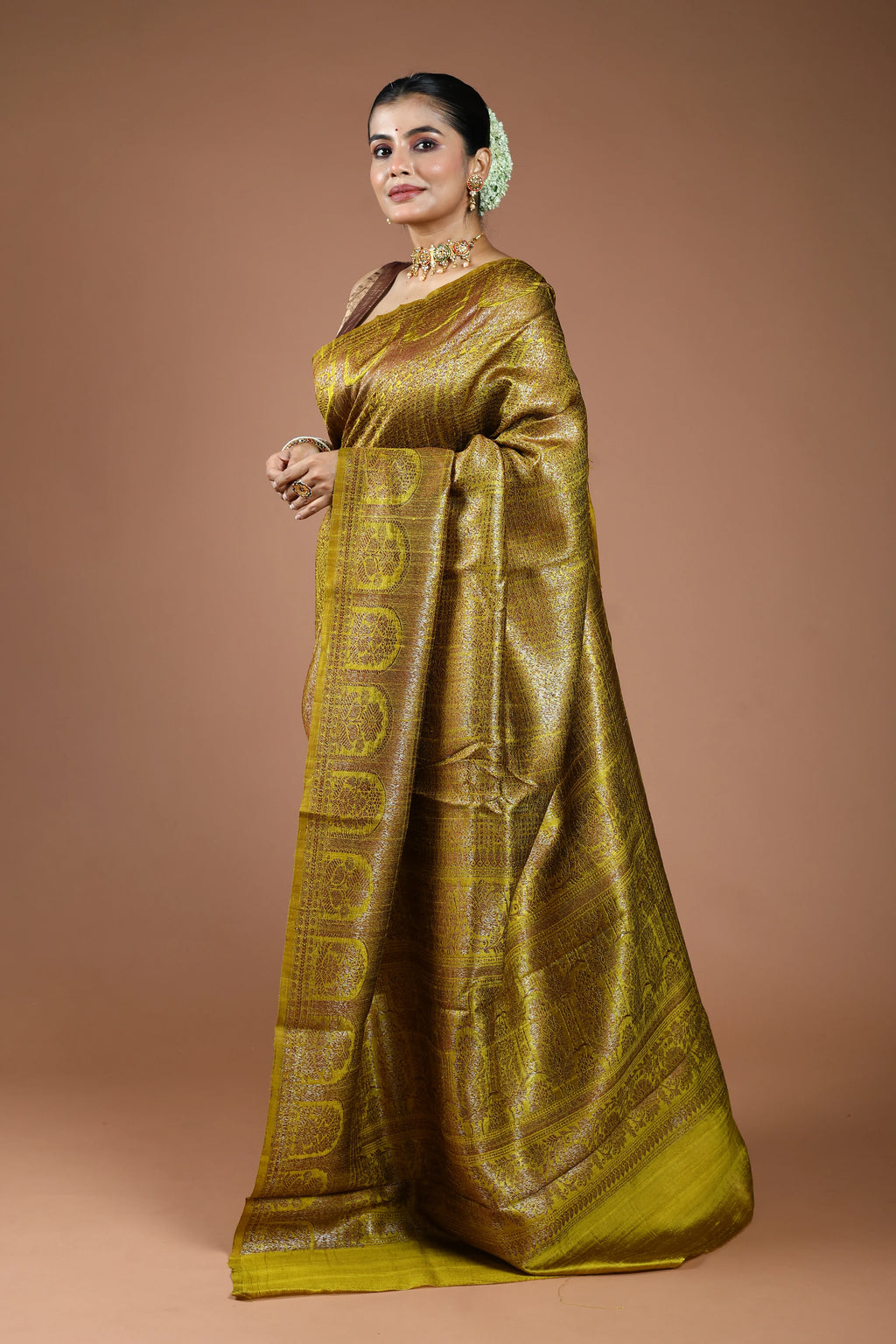 Lime Yellow Raw Silk Banarasi Saree With Blouse Piece