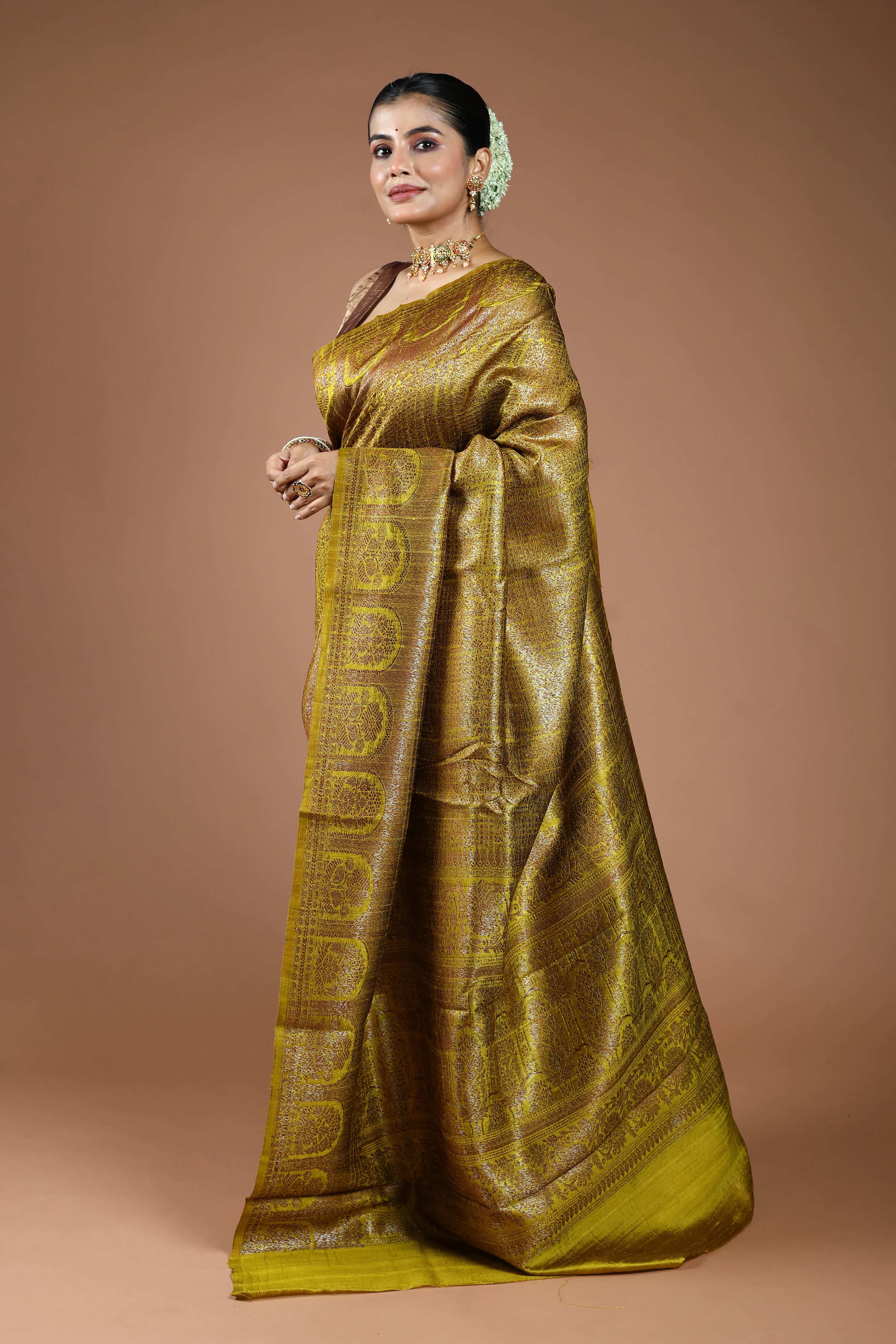 Lime Yellow Raw Silk Banarasi Saree With Blouse Piece