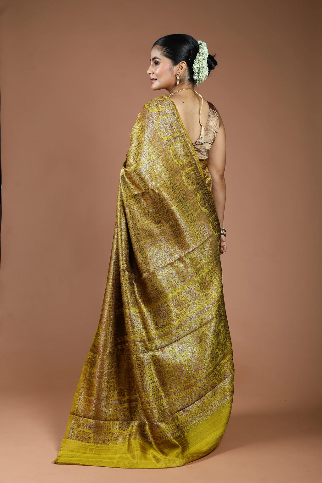 Lime Yellow Raw Silk Banarasi Saree With Blouse Piece