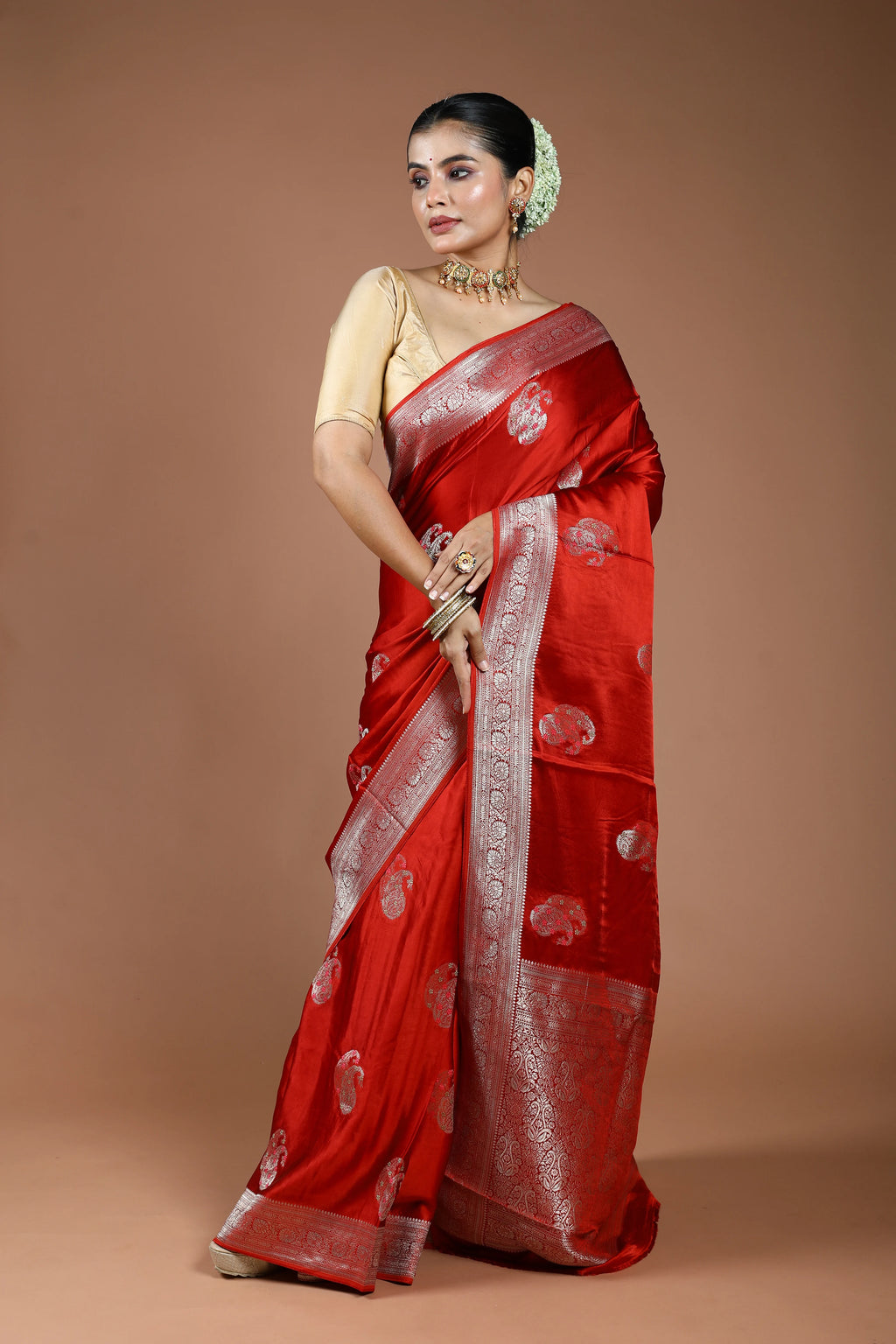 Rust Orange Semi Mashru Saree With Blouse Piece