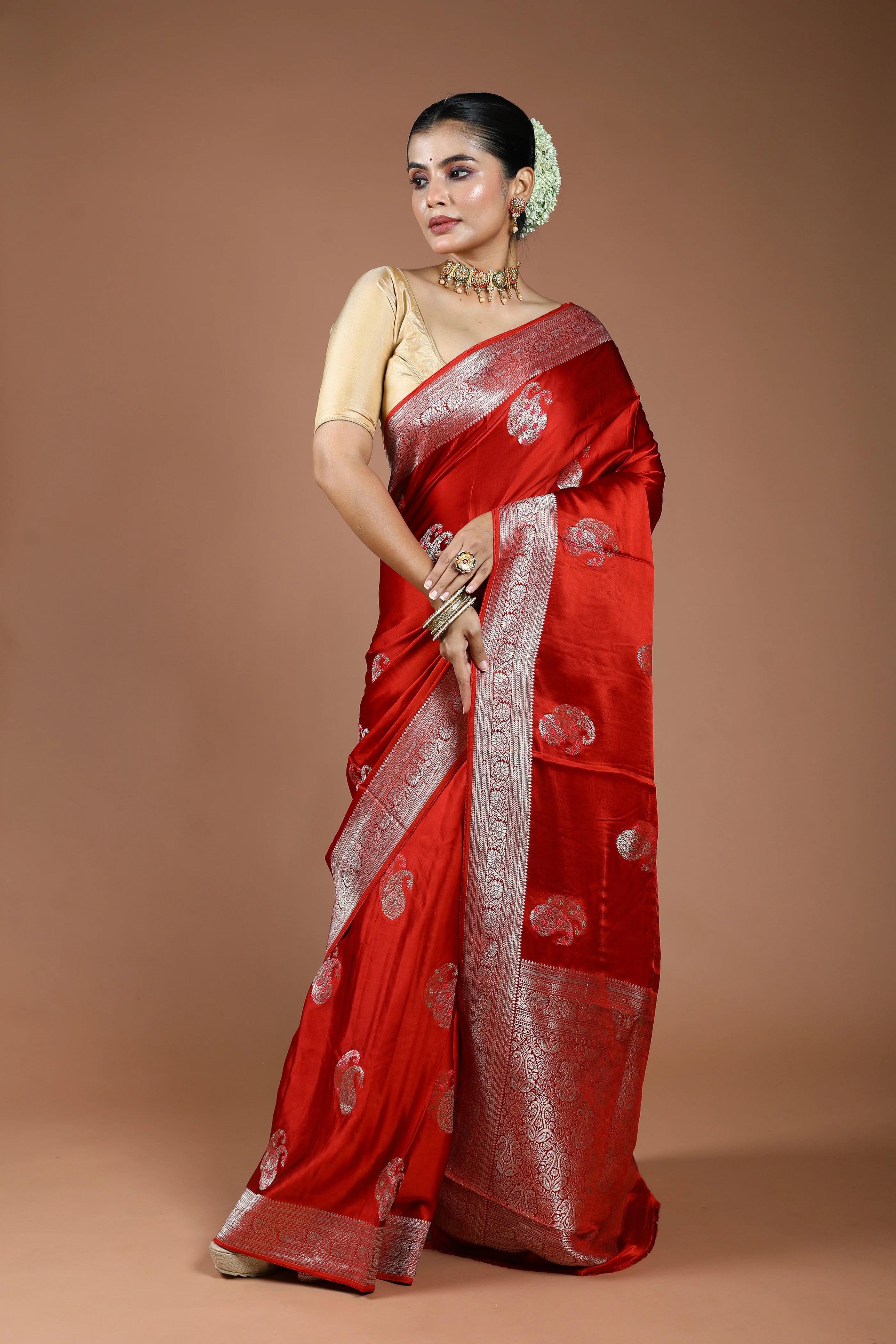 Rust Orange Semi Mashru Saree With Blouse Piece
