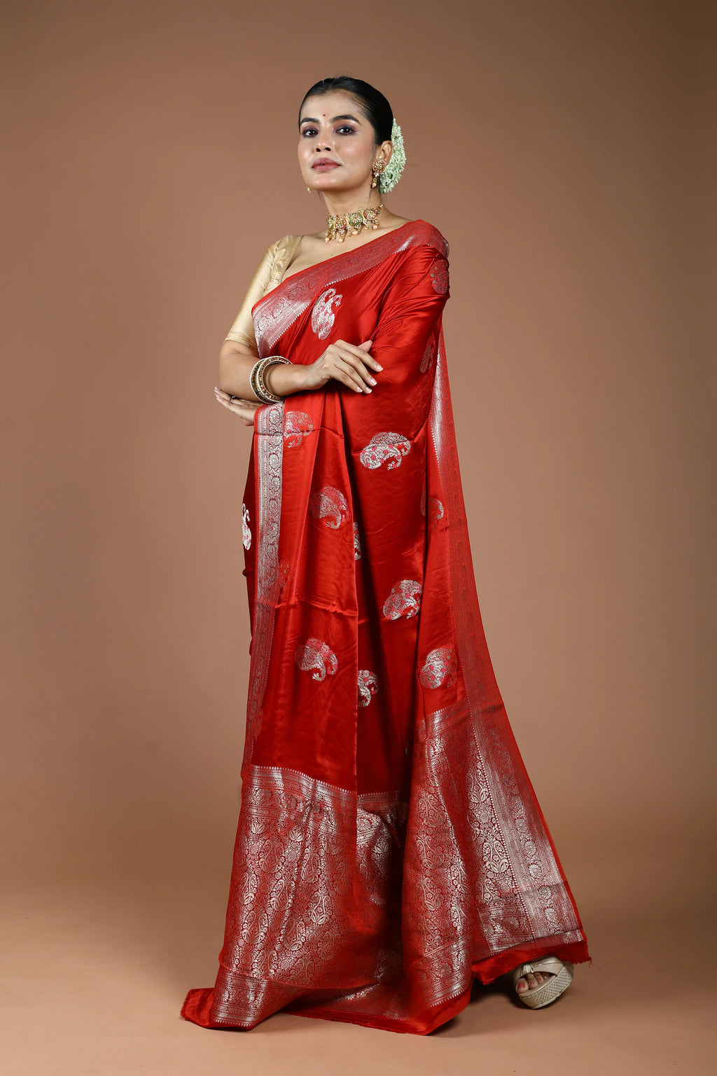 Rust Orange Semi Mashru Saree With Blouse Piece