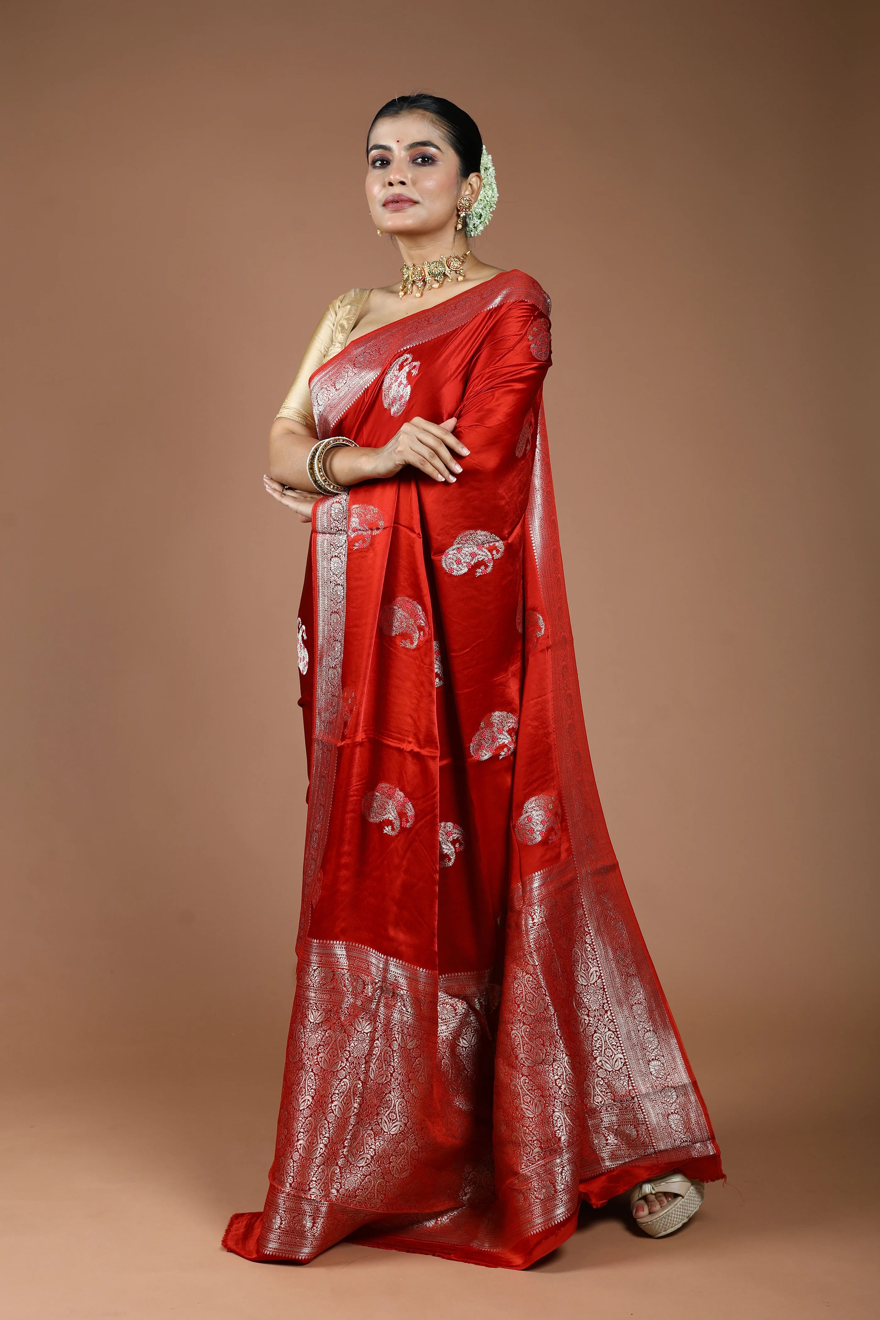 Rust Orange Semi Mashru Saree With Blouse Piece