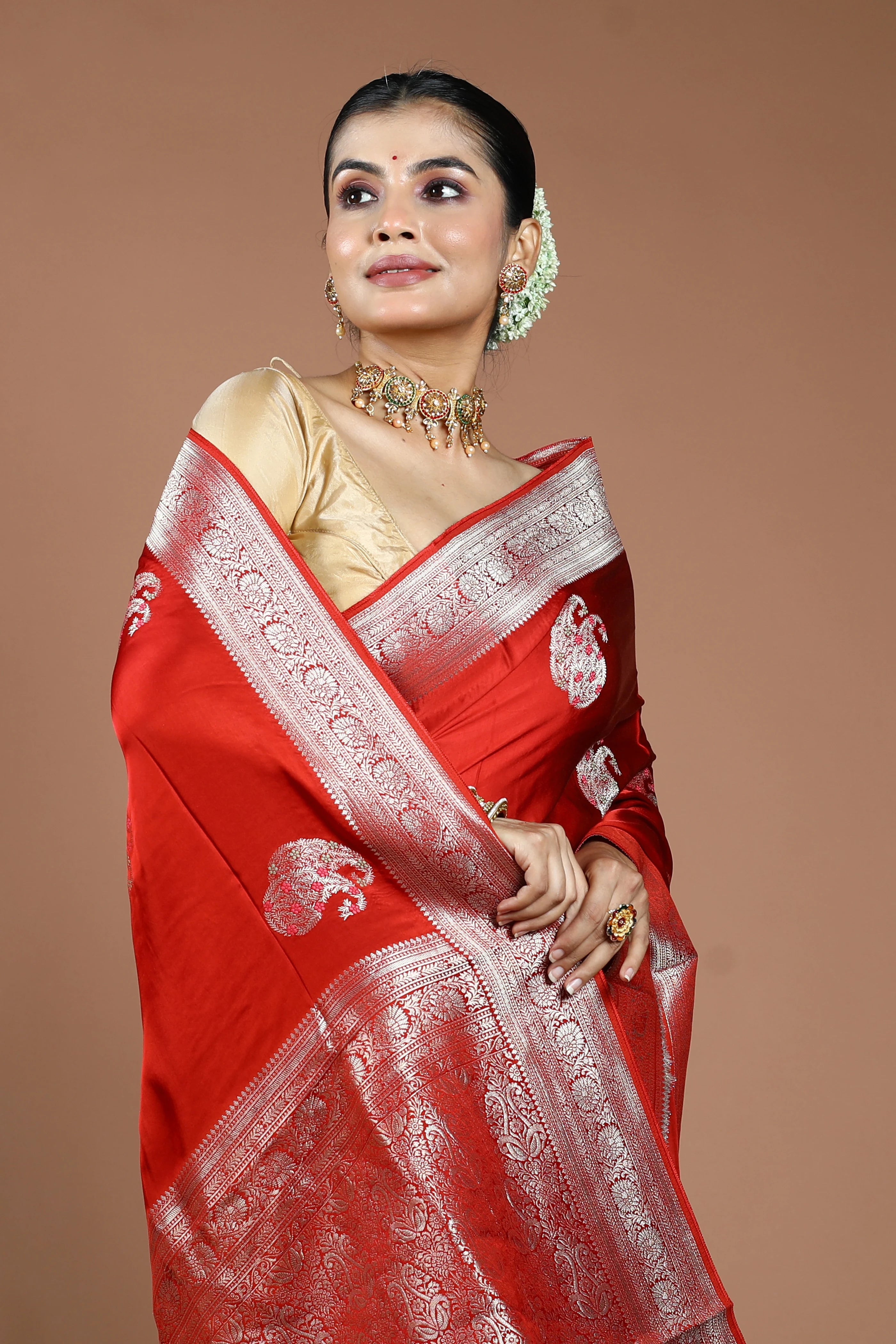 Rust Orange Semi Mashru Saree With Blouse Piece