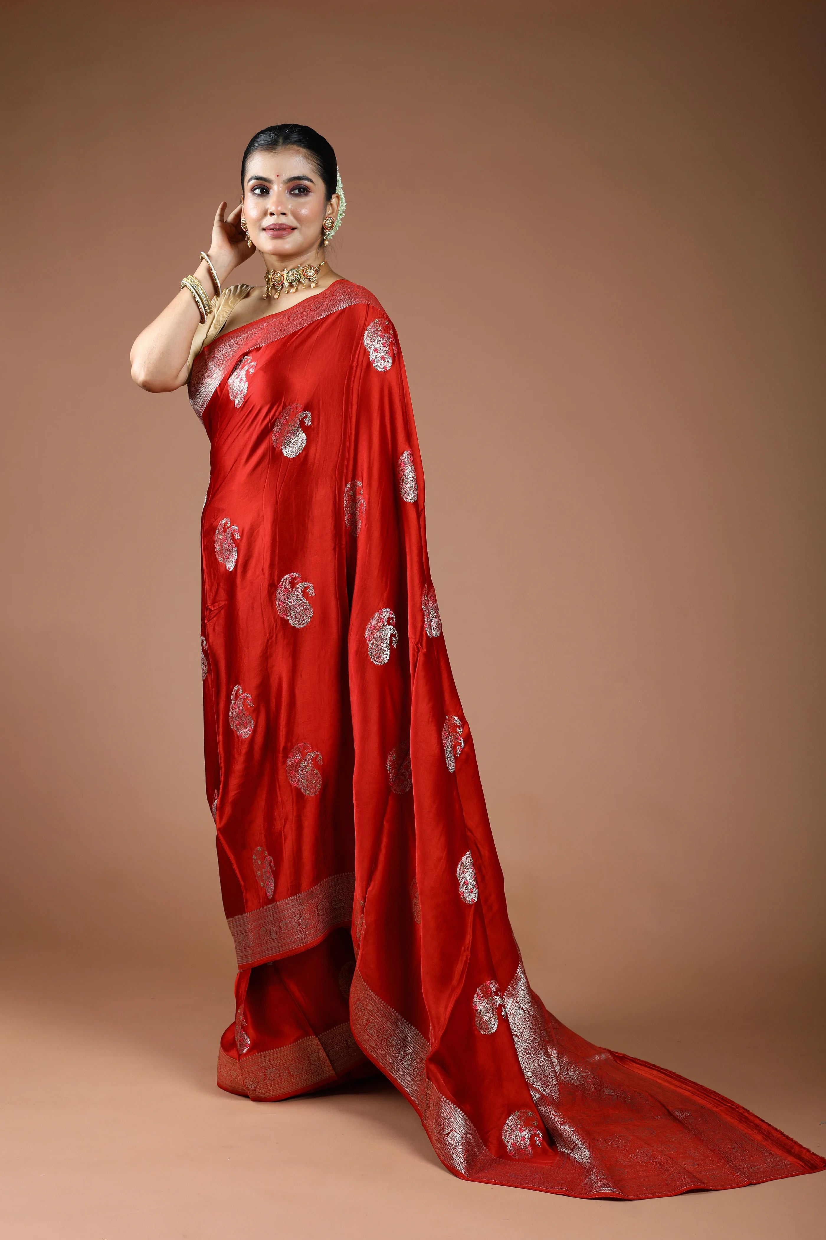Rust Orange Semi Mashru Saree With Blouse Piece