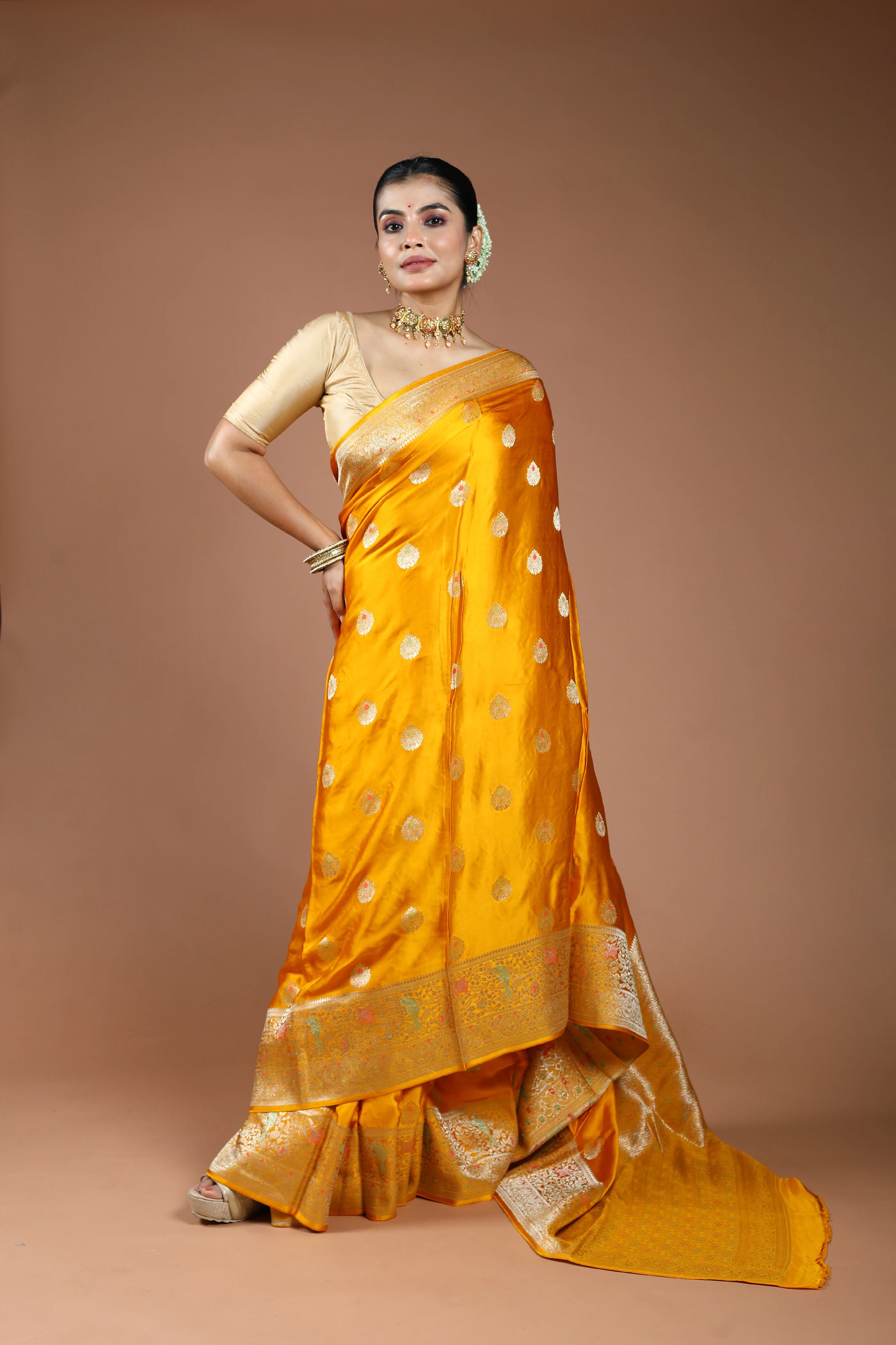 Mango Yellow Semi Mashru Saree With Blouse Piece