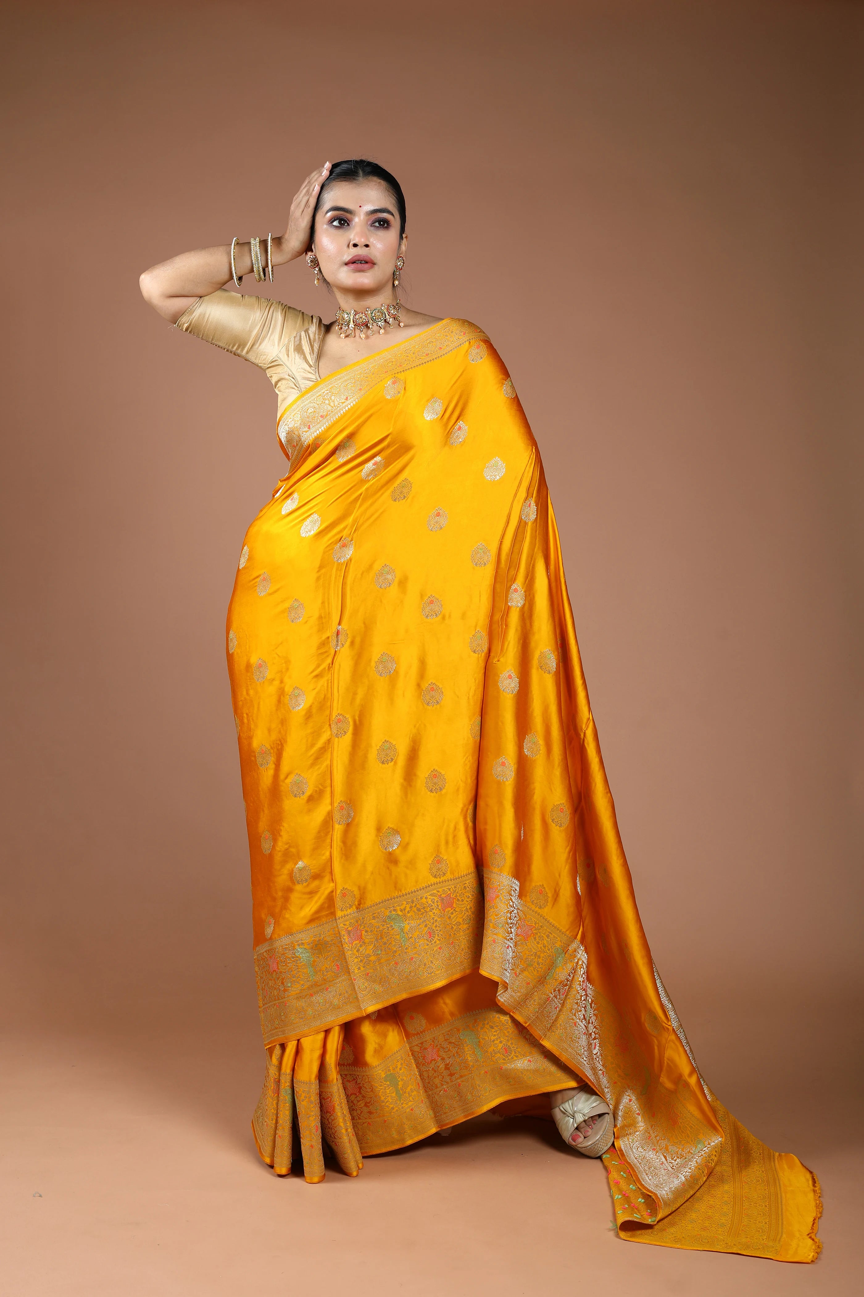 Mango Yellow Semi Mashru Saree With Blouse Piece