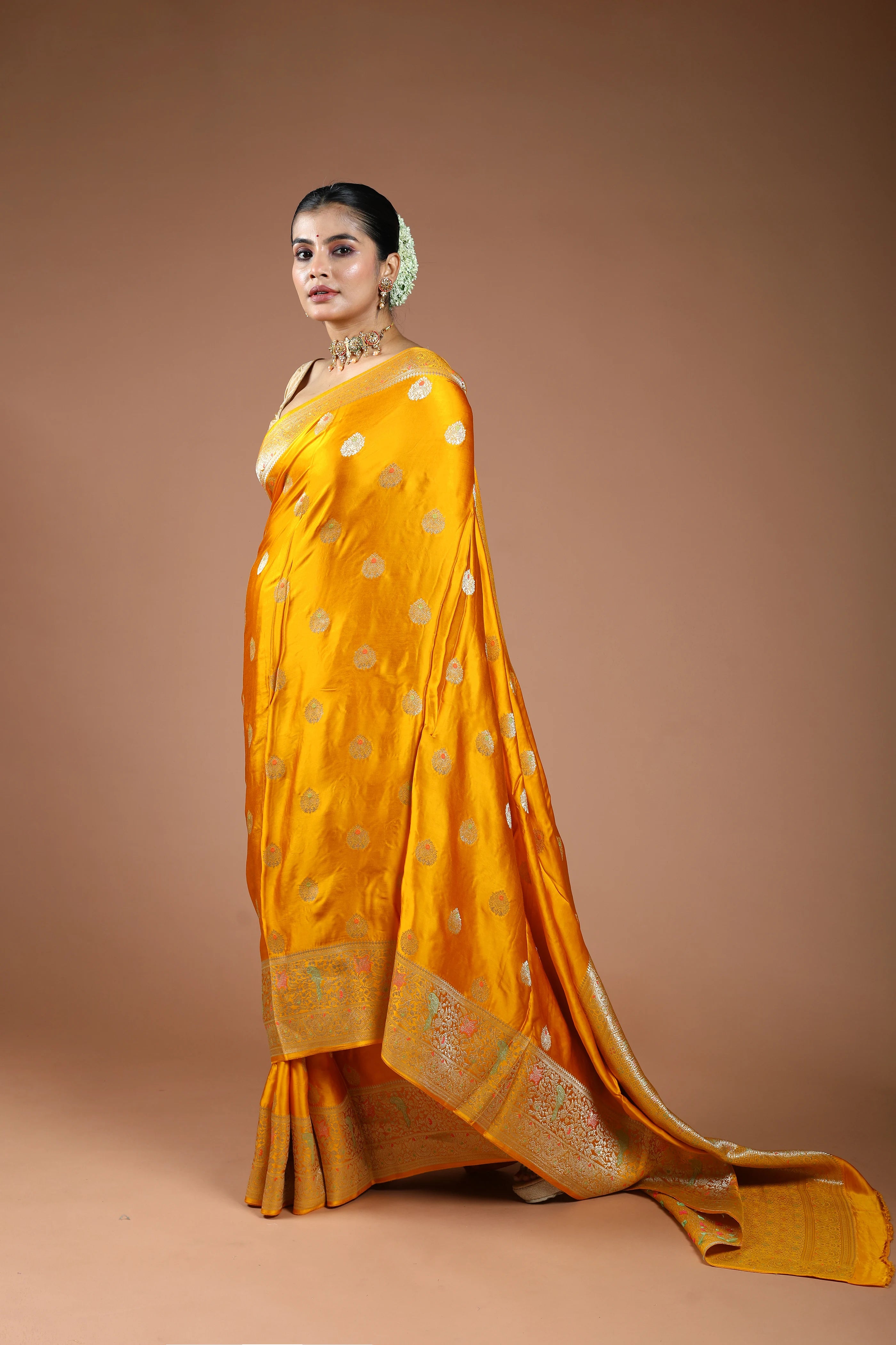 Mango Yellow Semi Mashru Saree With Blouse Piece