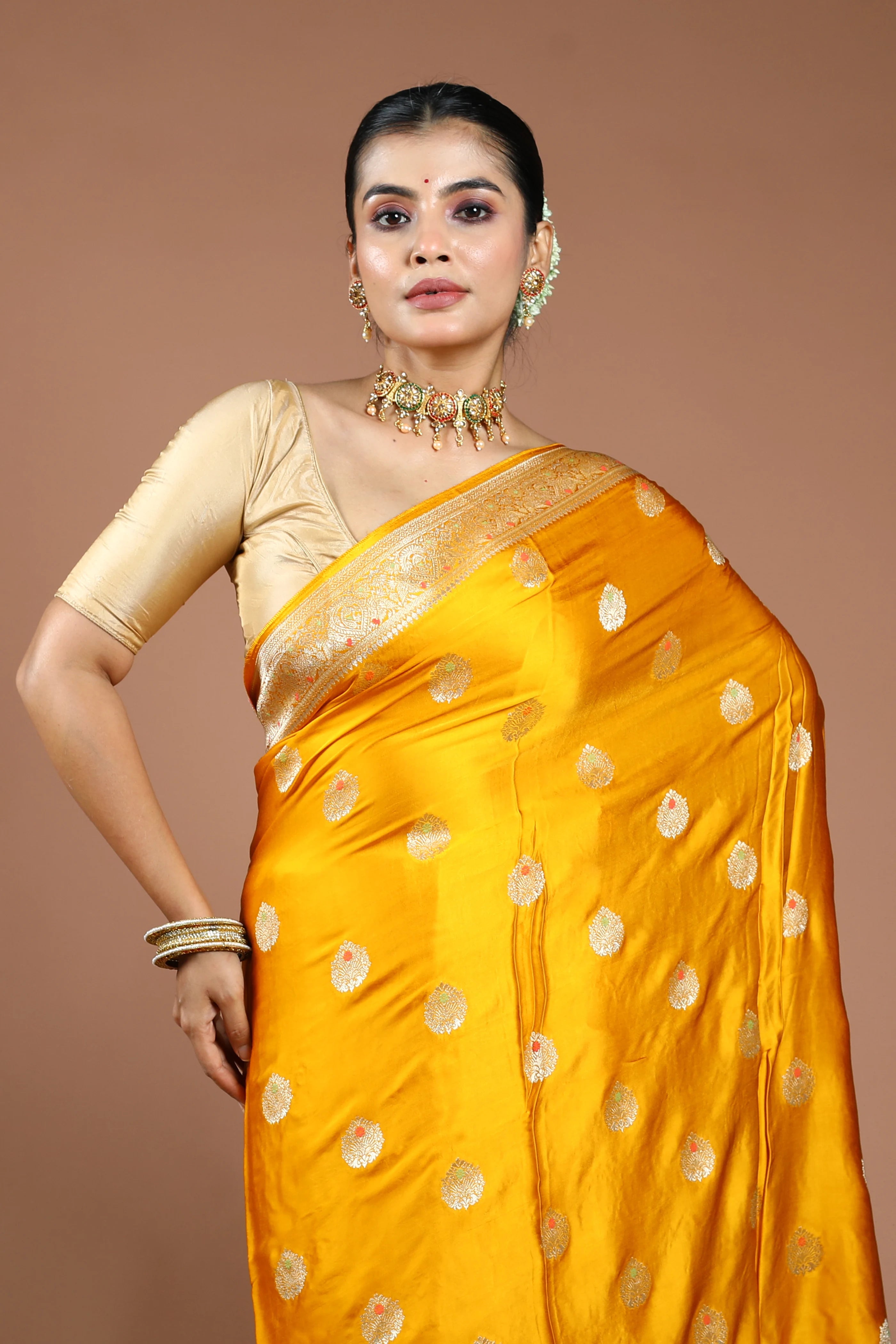 Mango Yellow Semi Mashru Saree With Blouse Piece