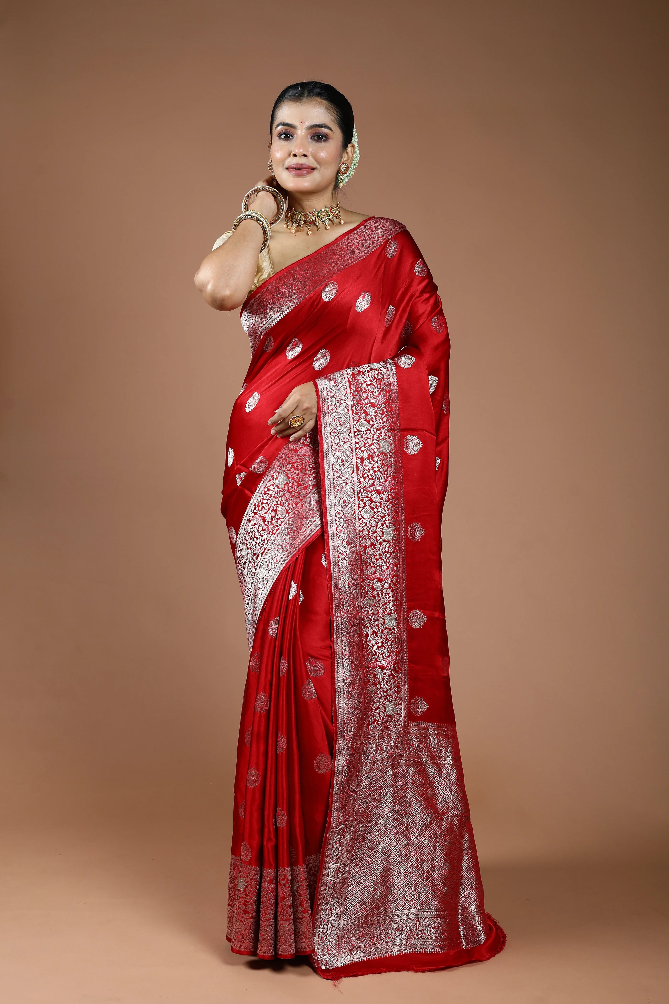 Cherry Red Semi Mashru Saree With Blouse Piece
