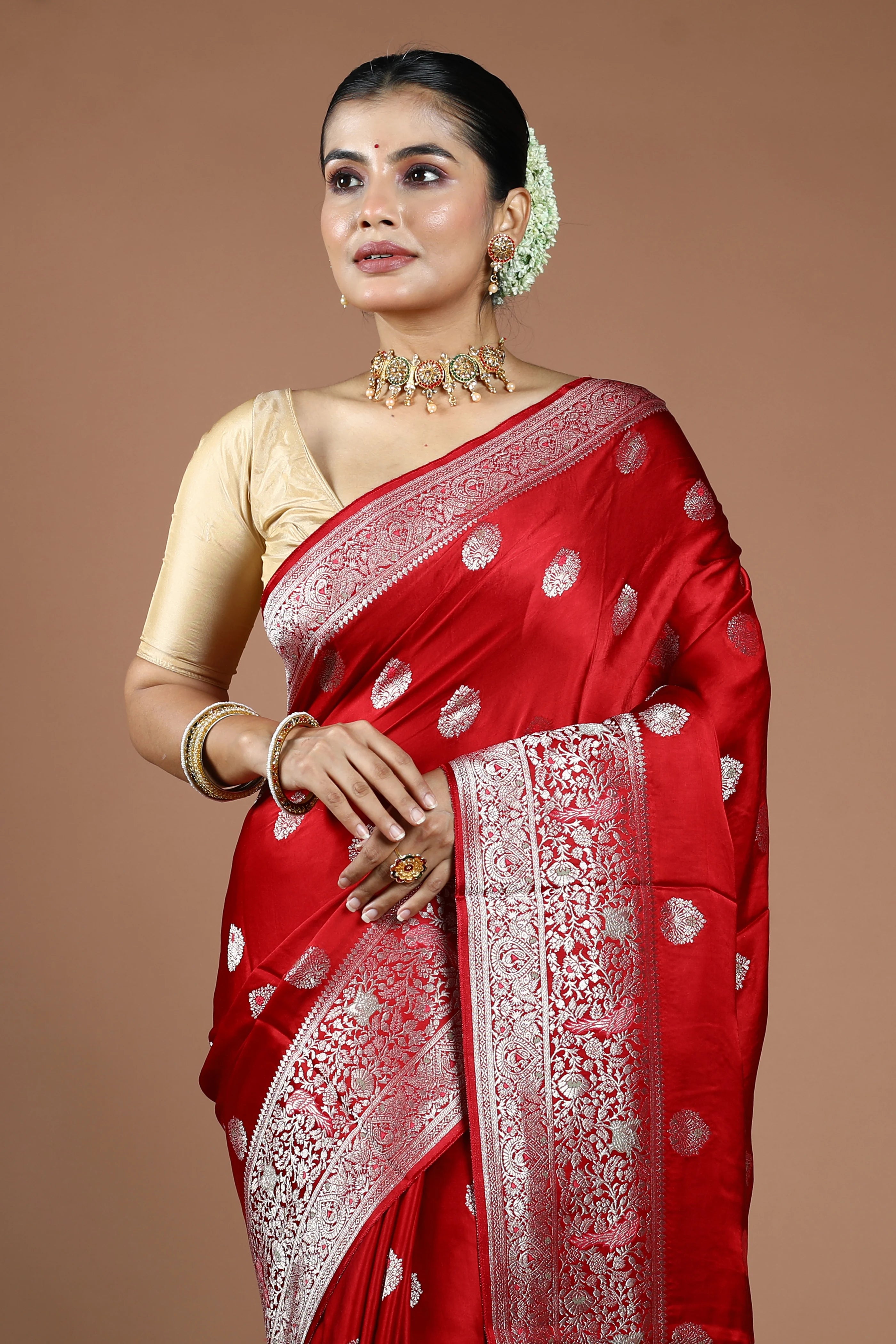 Cherry Red Semi Mashru Saree With Blouse Piece