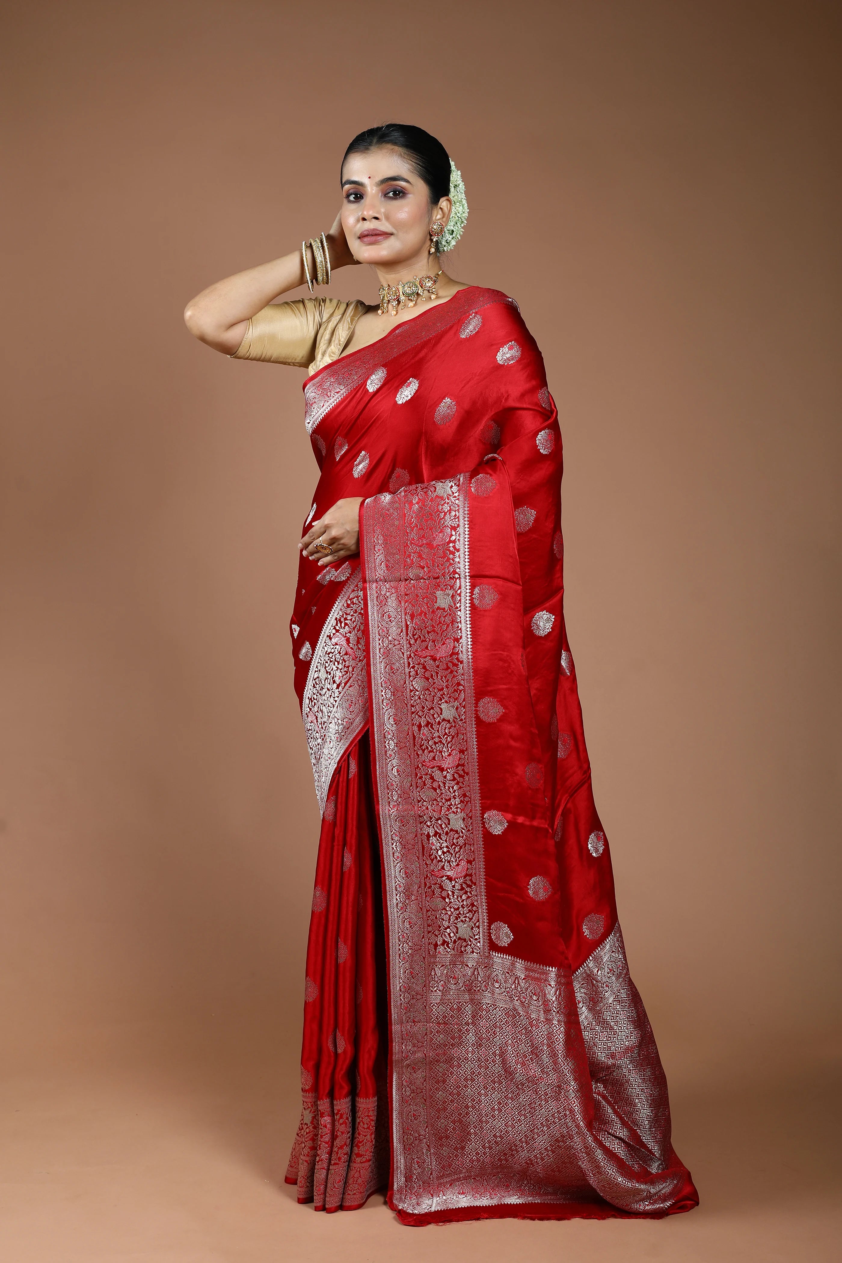 Cherry Red Semi Mashru Saree With Blouse Piece