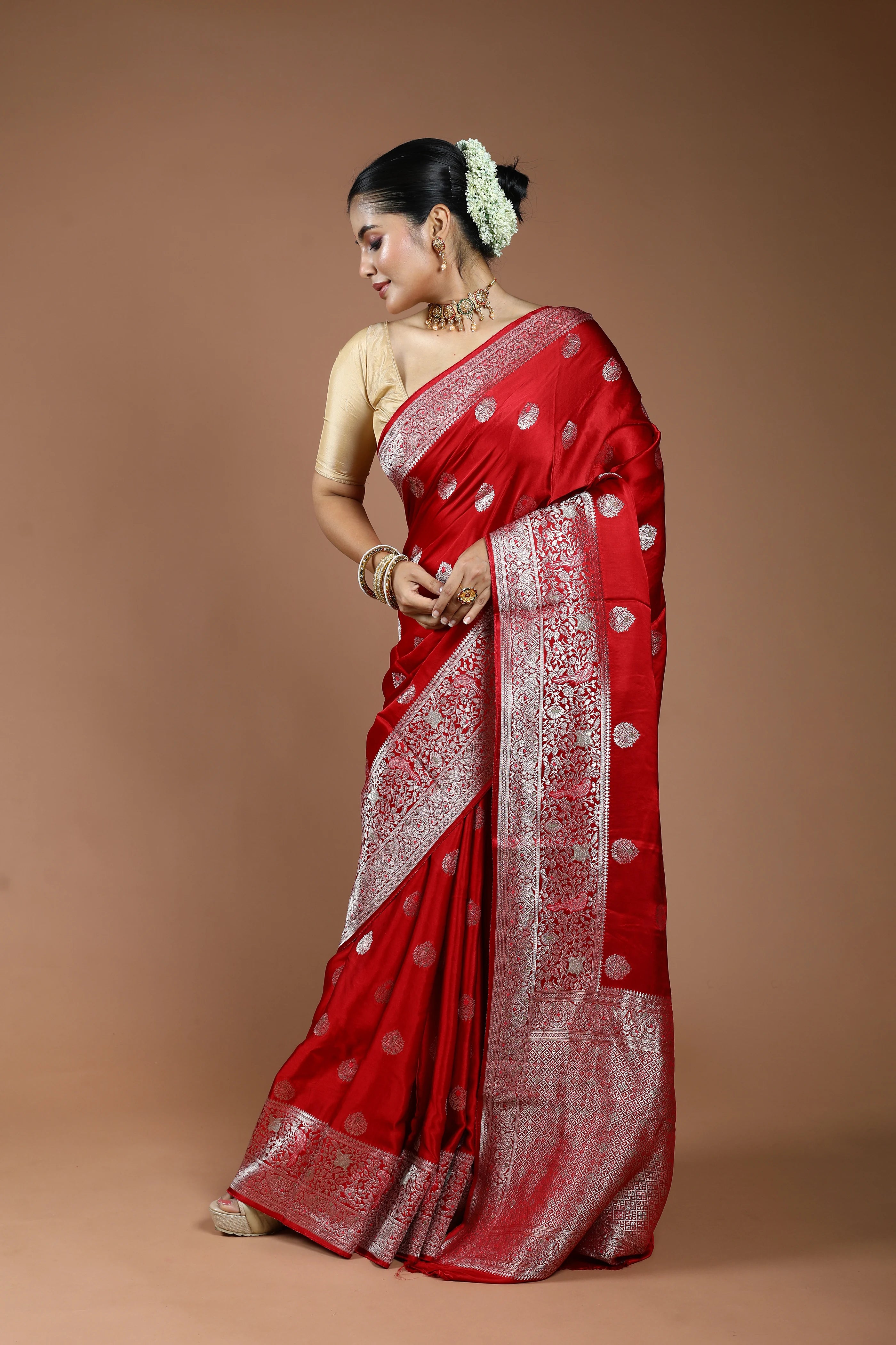 Cherry Red Semi Mashru Saree With Blouse Piece