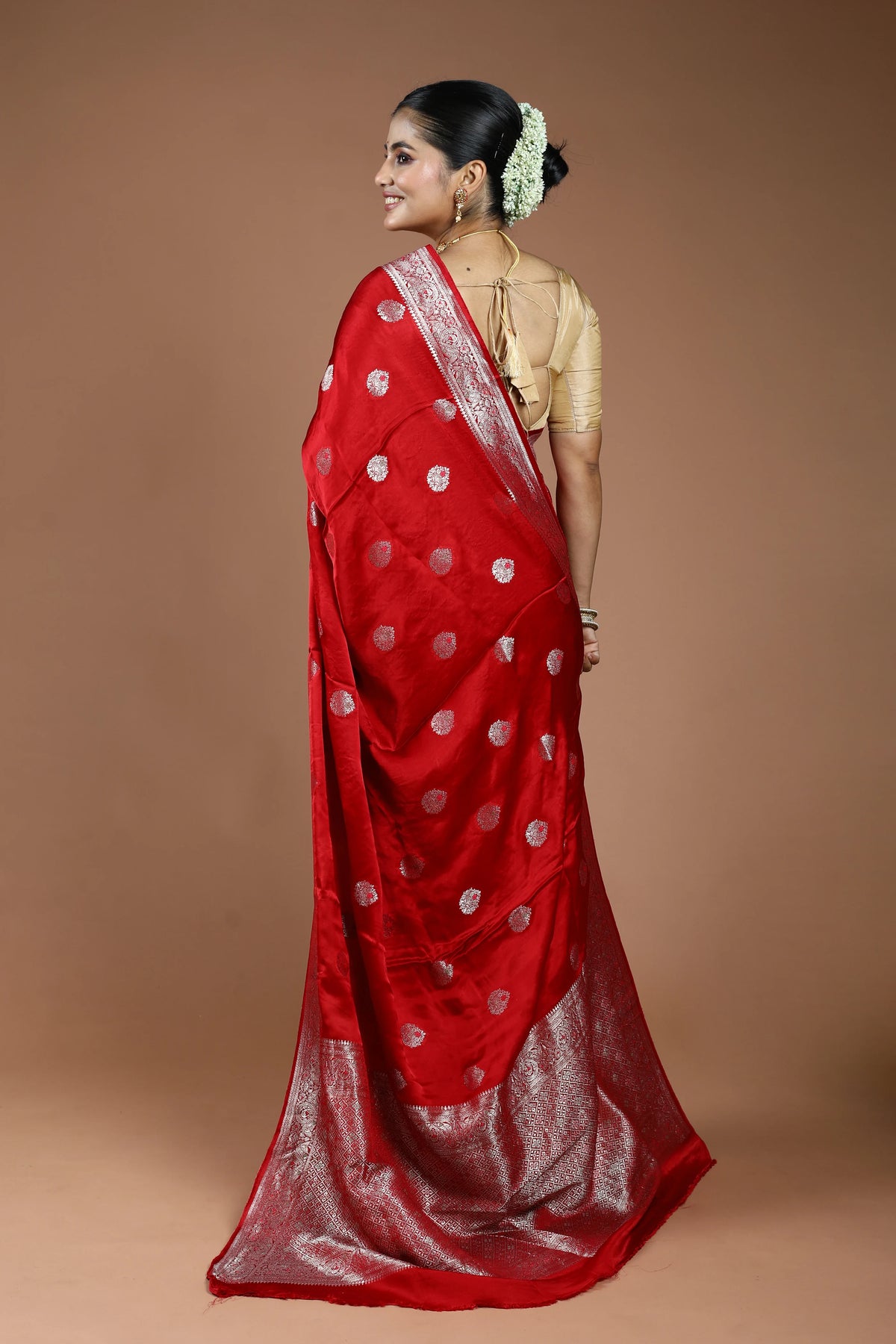 Cherry Red Semi Mashru Saree With Blouse Piece