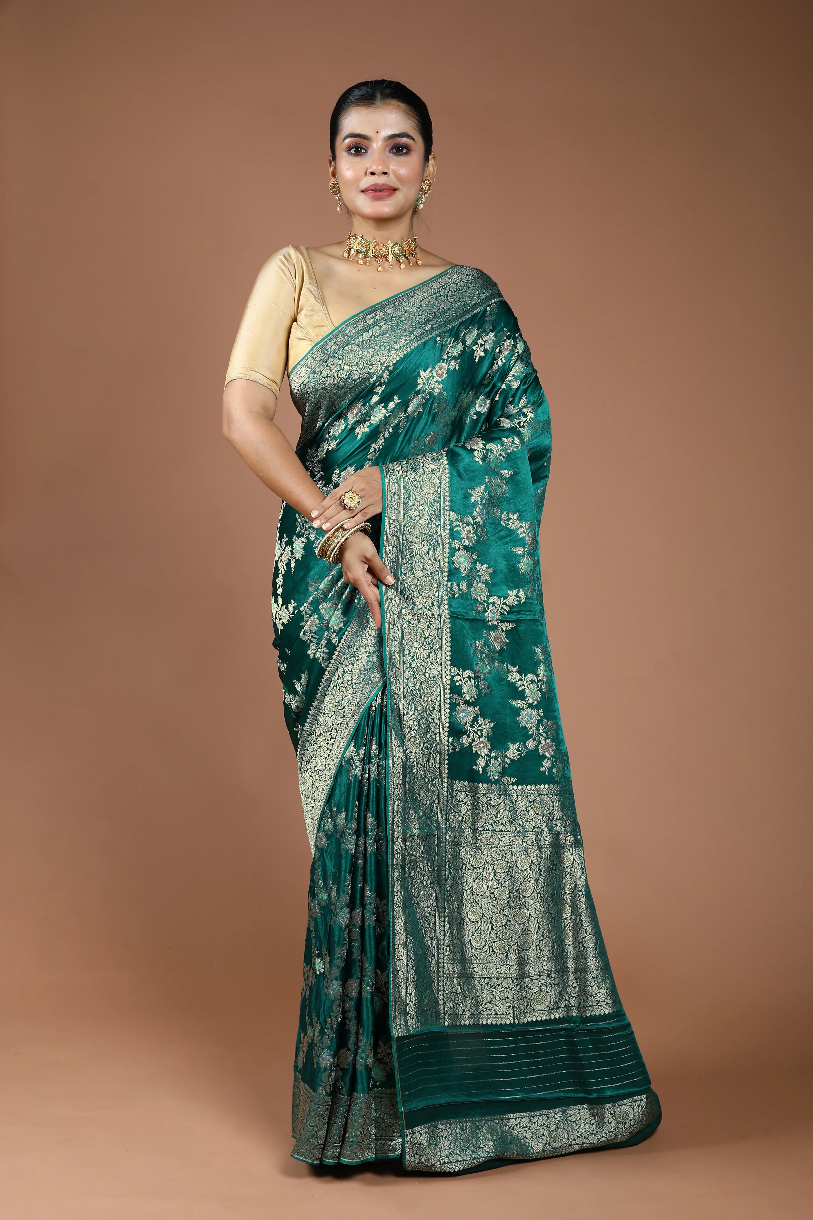 Teal Green Semi Mashru Saree With Blouse Piece