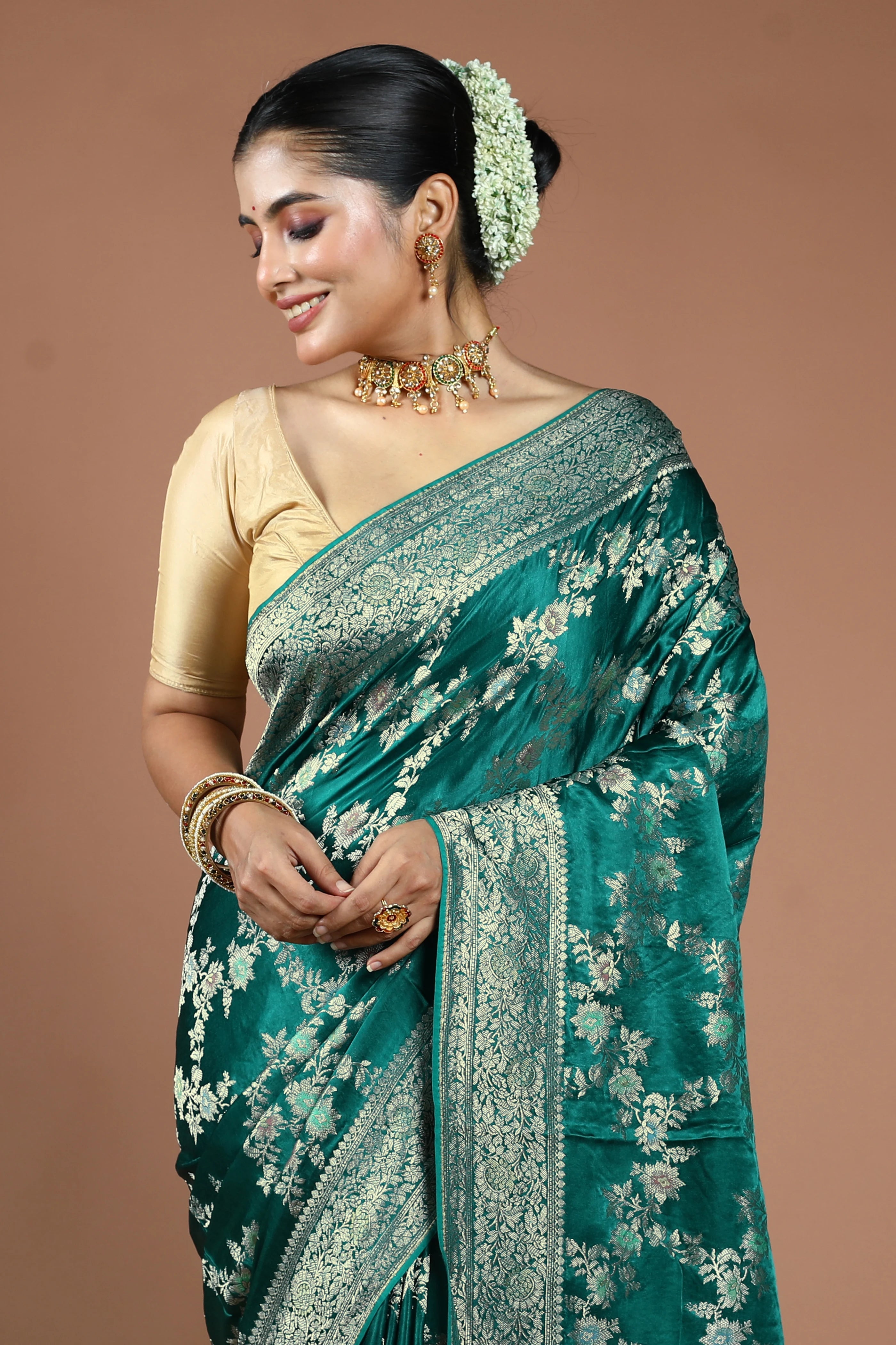 Teal Green Semi Mashru Saree With Blouse Piece