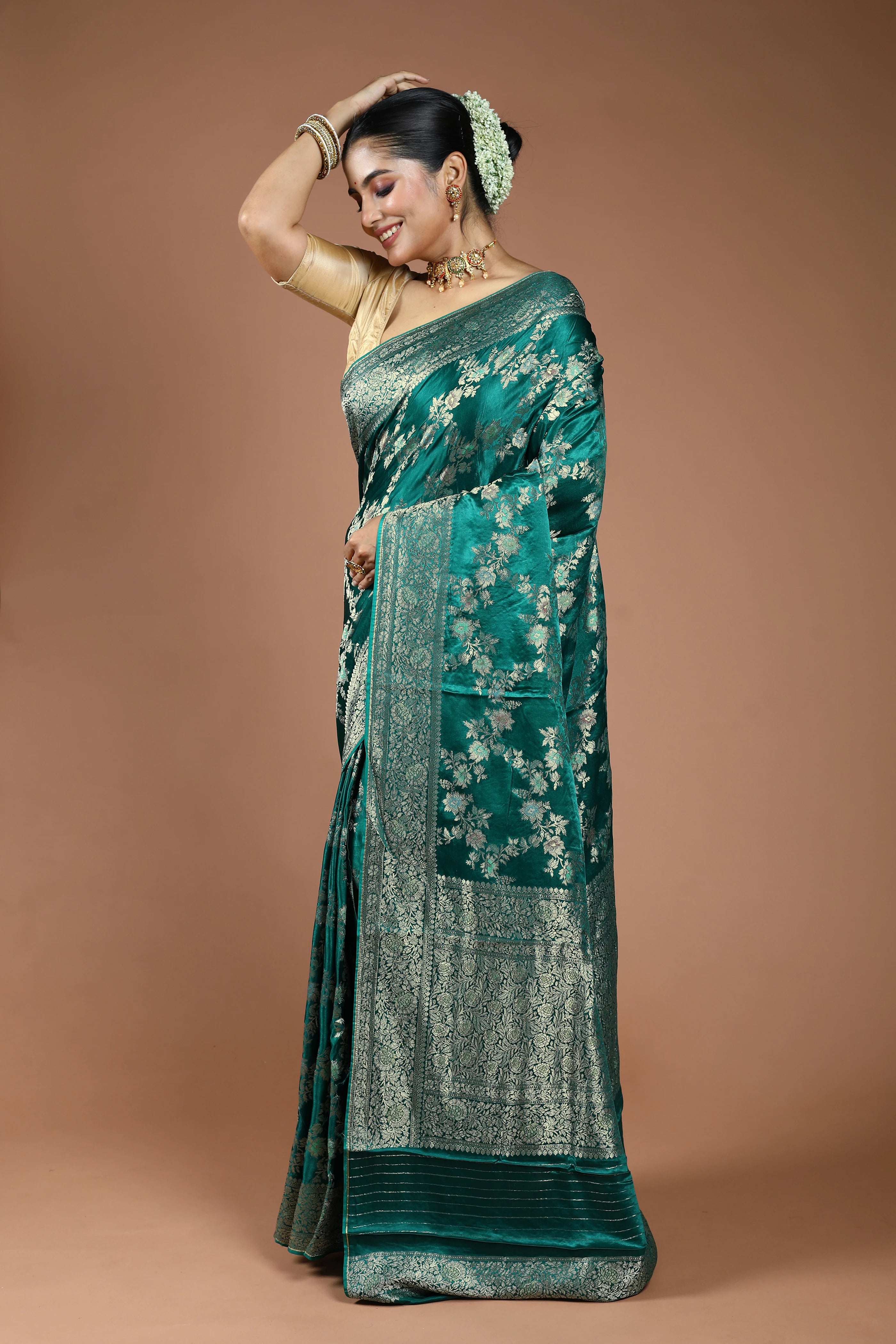 Teal Green Semi Mashru Saree With Blouse Piece